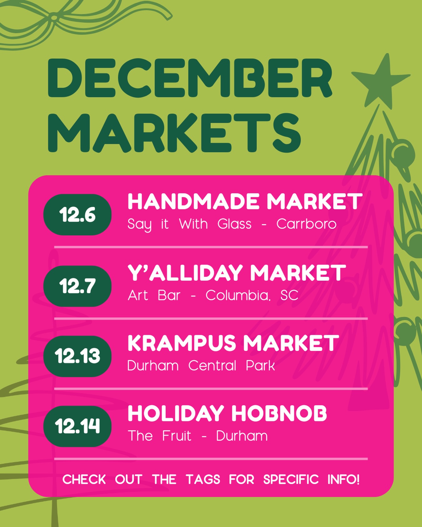 December market schedule!! We have a good mix of our favorites and new and exciting endeavors! Check out the tags for more specific info about timing and locations and to see some of the other awesome vendors will be alongside. I also have a story highlight with info shared!! Hope to see some of y’all there!
