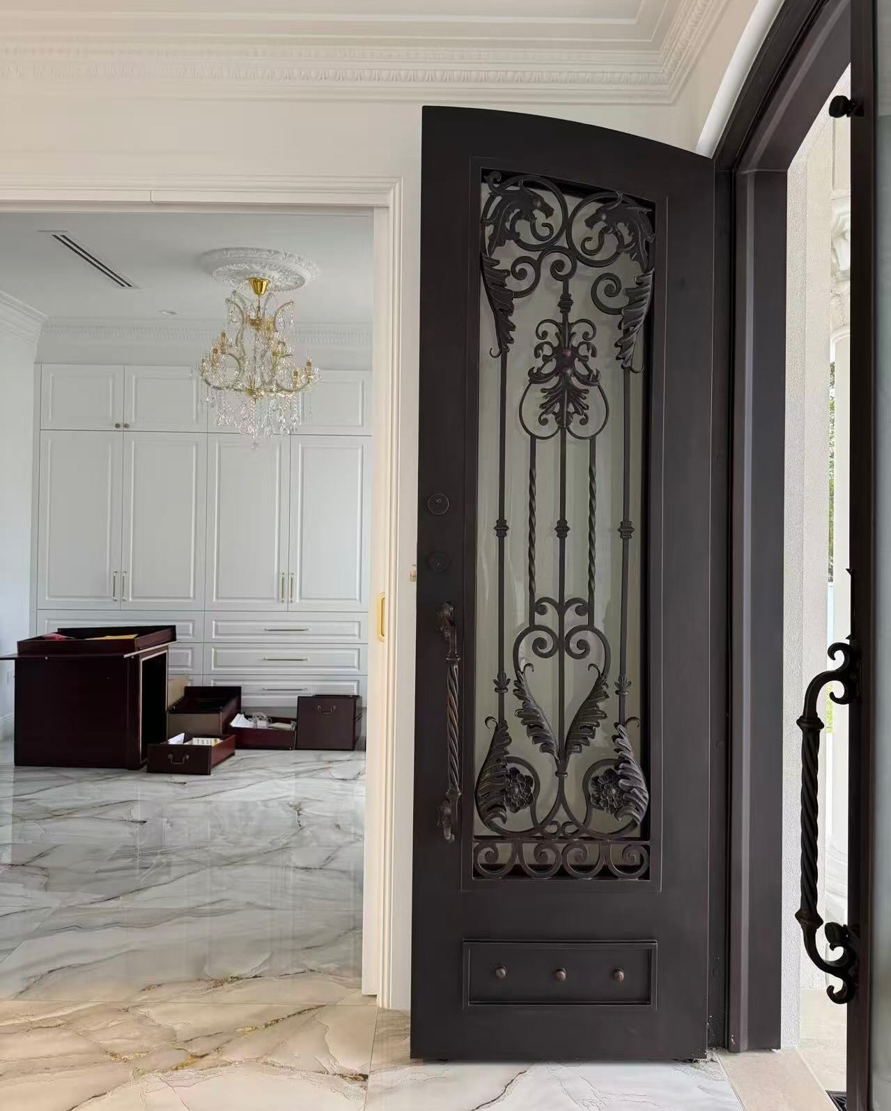 Custom Design w. detailed handcraft work.
Matching Iron Entrance Door w. Juliet Balconies
**Matt Black w. 20% Bronze