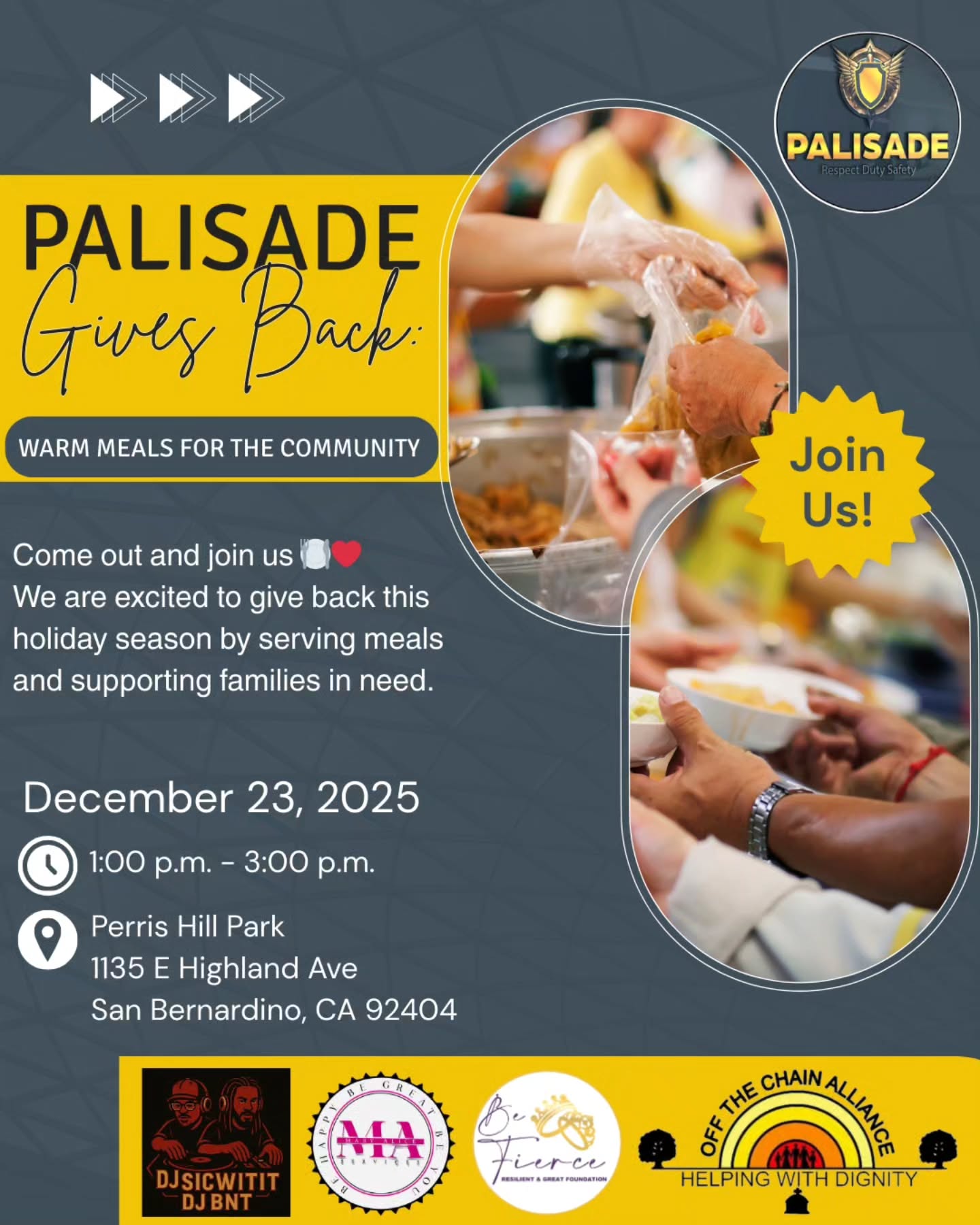 If you or someone you know could use a warm meal, encouragement, or community support, please stop by. Everyone is welcome. 💛 #HolidayGiving #FeedingFamilies #ServingTheCommunity #SanBernardinoEvents #PerrisHillPark #CommunitySupport #GiveBack #HelpingHands #WarmMealsWarmHearts #HolidayOutreach #UnityInTheCommunity #WeCare #CommunityStrong #SupportLocalFamilies #SpreadLoveAndLight @palisadedefensegroup @maservices2015 @offthechainalliance