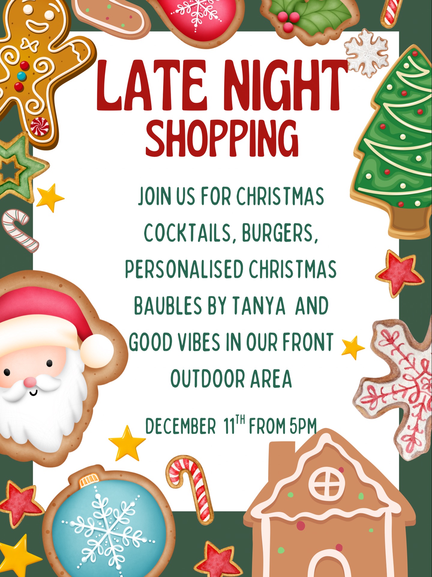 🎄🎄This Thursday the 11th join us for Christmas cocktails, burgers and good vibes in our front outdoor area, plus our very own Tanya will be set up and taking orders for her personalised shatterproof Christmas baubles - the perfect gift! 🎄🎄