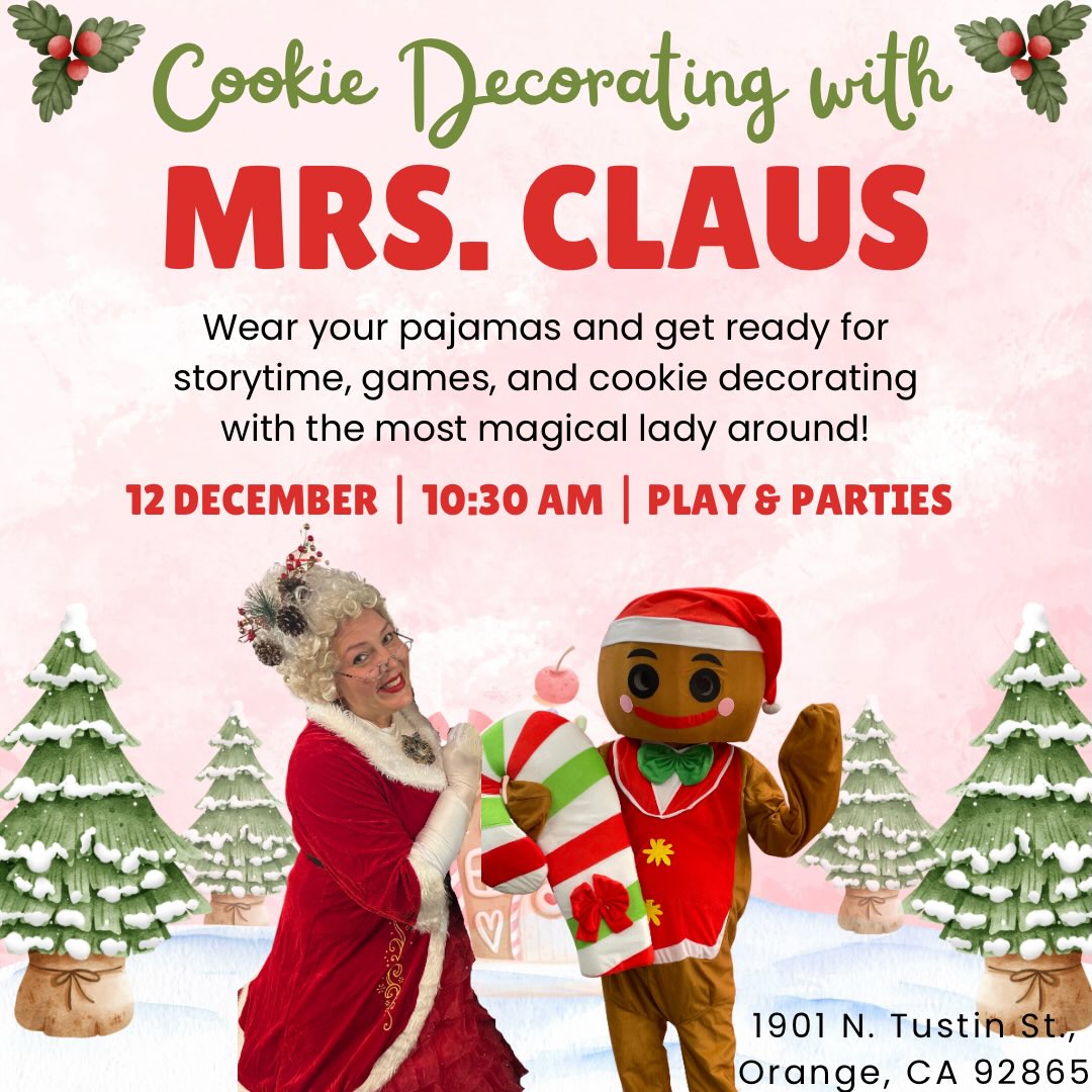 We have an AMAZING play date planned for this Friday! Come in your pajamas and decorate some cookies with the one and only Mrs. Claus! You won’t want to miss it!
#ocmoms #orangecounty #kidsplay #santa #cookies #santaclaus #gingerbread #christmas