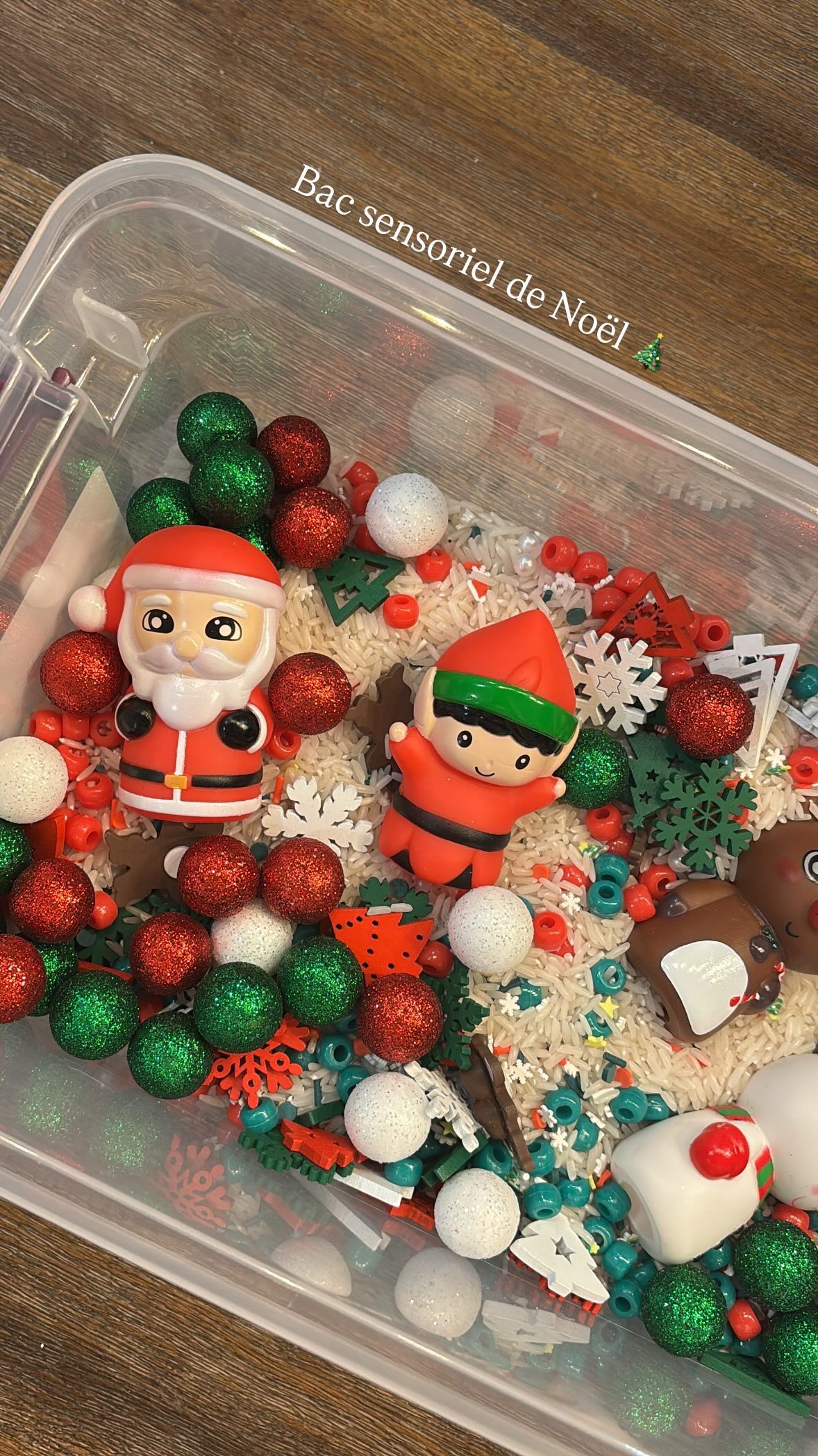 Bac sensoriel très simple avec quelques petites trouvailles au Dollorama. 🎄🎅🏼
Utilisé autant à la maison que lors de mes suivis avec les enfants.