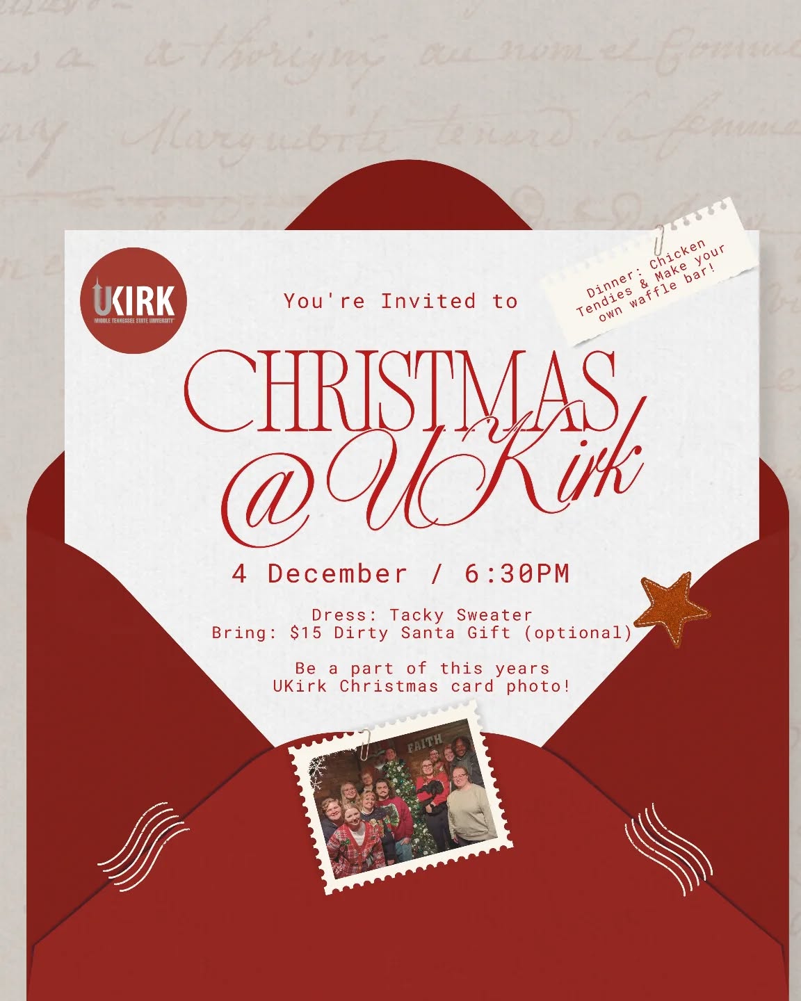 MTSU students! We'd love to see you at our Christmas Party Thursday evening!