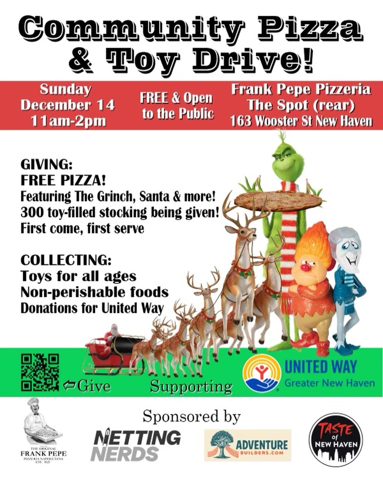 We’re fired up to give back to our community this holiday season! 🎄
Partnering with @frankpepepizza and @tasteofnewhaven to give away 300 stockings to kids and families in need — plus free pizza! 🍕❤️
Sunday, December 14th • 12–2 PM
We’ll also be collecting:
• Toys for all ages
• Non-perishable foods
• Donations for United Way
Come grab a slice, a stocking, and spread some holiday love!