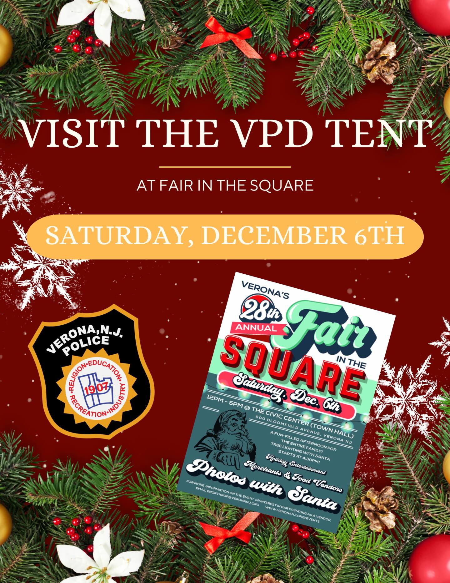 Fair in the Square is here!
Swing by the VPD tent for a friendly chat with our officers — and don’t miss our candy cane toss!
Bring your holiday spirit!
#veronapd #veronapolice