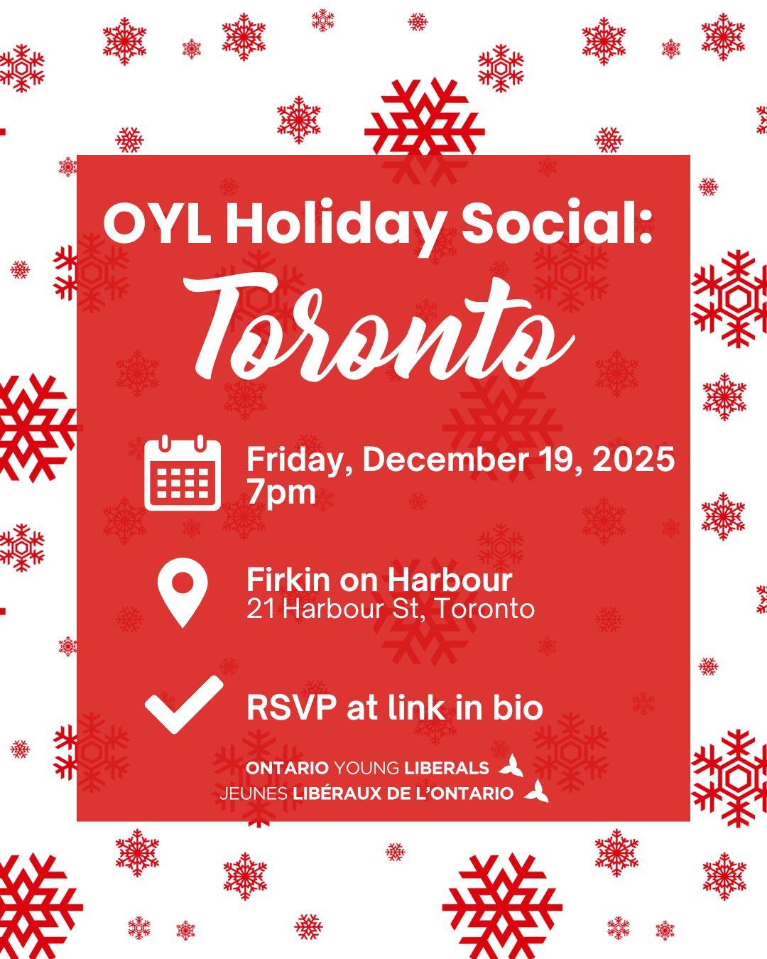 The wait is over! The OYL Toronto Holiday Social details are here! We hope to see you all there. Happy Holidays!
//
L’attente est terminée ! Les détails du Social des Fêtes de la JLO Toronto sont enfin là ! Nous espérons vous y voir nombreux. Joyeuses Fêtes !