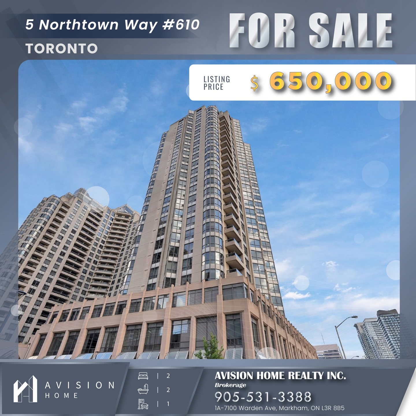 ✨ JUST LISTED! 5 NORTHTOWN WAY #610 ✨
📍 5 Northtown Way #610, Toronto (Willowdale East)
💰 $ 650,000
🏢 Bright & Spacious 2-Bedroom, 2-Bathroom Corner Unit in a Prestigious Tridel Building
🌟 Functional Split Layout – Perfect for Privacy or Shared Living
📐 ~918 SqFt of Interior Living Space + Open Balcony with North Views
🍽️ Renovated Kitchen w/ Quartz Countertops, Centre Island & Stainless Steel Appliances
🪵 Fresh Laminate Floors Throughout – Carpet-Free for Easy Maintenance
💡 Open-Concept Living & Dining w/ Walk-Out to Balcony
🛁 Primary Bedroom Features a Walk-in Closet & 4-Piece Ensuite
🧺 Ensuite Laundry for Everyday Convenience
🏊♂️ 5-Star Amenities: Indoor Pool, Gym, Sauna, Tennis Court, Bowling Alley, 24/7 Concierge & More
🚇 Unbeatable Location: Steps to Finch Subway, Parks, Shops, Restaurants, Cinema, Banks, Groceries – Everything You Need at Your Door
🔐 1 Underground Parking Spot Included
📩 CONTACT ME NOW TO LEARN MORE:
☎️ 905-531-3388
🌐 https://www.avisionhome.com/
#torontoRealEstate #toronto #Detached #northYork #condo
#salelisting #rental #rentalhouse #realestate #peacelandrealty #royallepage #dreamhouse #torontorealestatemarket #torontorealestate #mortgagerate #bank #rate #mortgage #GTArealestate #richmondhill #markham #vaughan #firsttimebuyer #Thornhill