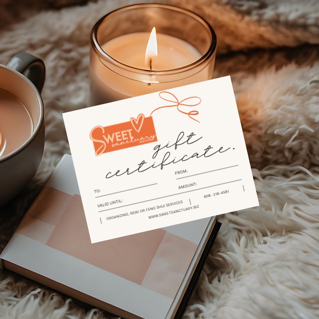 Give the gift that actually makes life feel lighter.
Sweet Sanctuary Services now offers gift certificates for both
✨ Reiki sessions
and
✨ Professional organizing services.
They’re the perfect gift for:
• Someone overwhelmed and craving clarity
• A new parent who needs support
• A friend going through a big life change
• Someone who wants peace, calm, and a fresh start
• Anyone who says “I really need help getting organized”
• Anyone who deserves an hour to relax, reset, and feel grounded
Whether it’s helping transform a cluttered room or creating a moment of deep energetic rest, you’re giving more than a service—you’re giving relief, clarity, and care.
Thoughtful, meaningful, and totally customizable.
Message us to purchase or learn more!