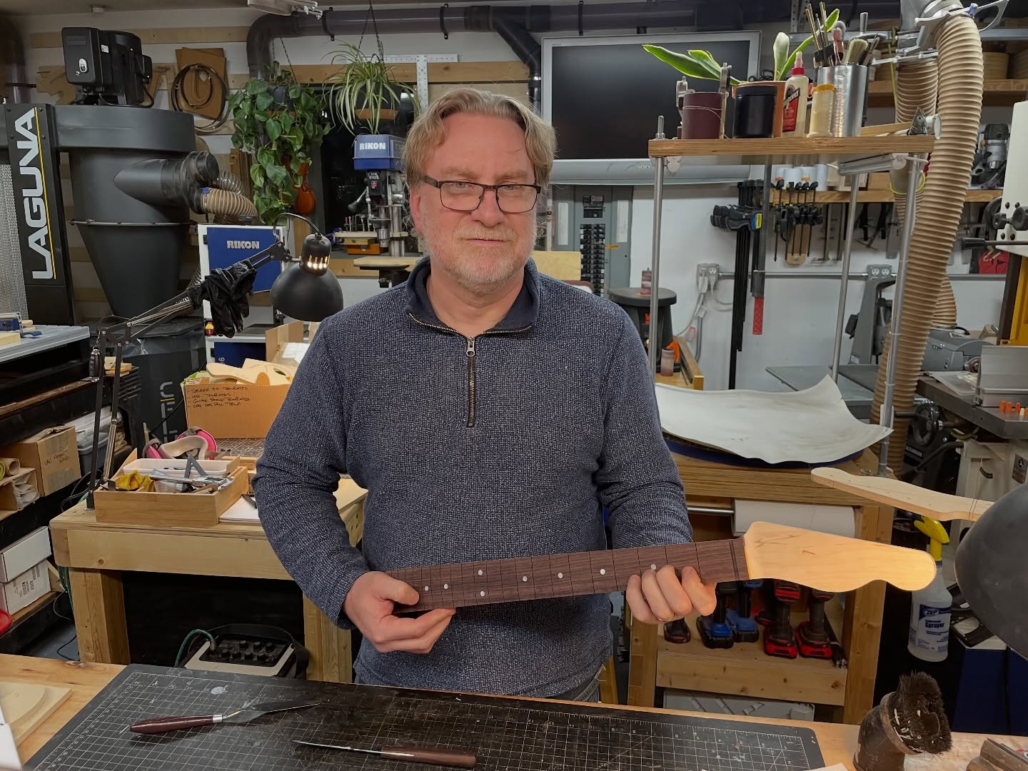 Productive day! That’s one fine start to a guitar neck right there. Rock maple and Indian rosewood are going to complement the torrefied swamp ash, beautifully!