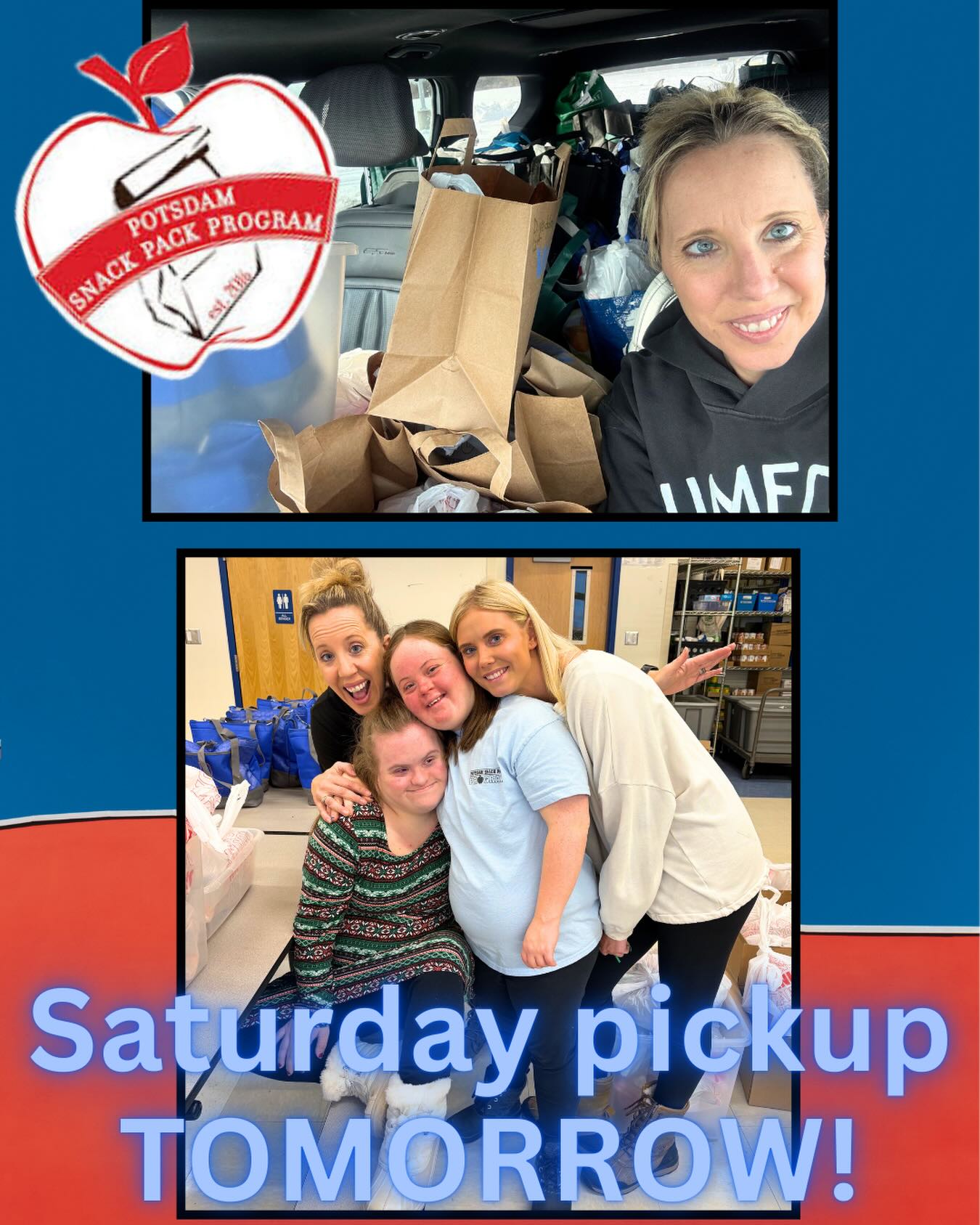 📣 @potsdamcsd Snack Pack Families
A reminder that Monthly Saturday Pickup is tomorrow from 10–12 PM at the Annex building behind AAK Middle School.
Students will receive two bags:
🛍️ Nonperishable bag with heavier/bulkier items
🥦 Fridge/frozen bag filled with fresh fruits, veggies, chicken or plant-based options.
We’re excited to provide a little extra support going into the month. See you tomorrow!
#snackpack #backpack #nokidhungry #saturday #potsdam