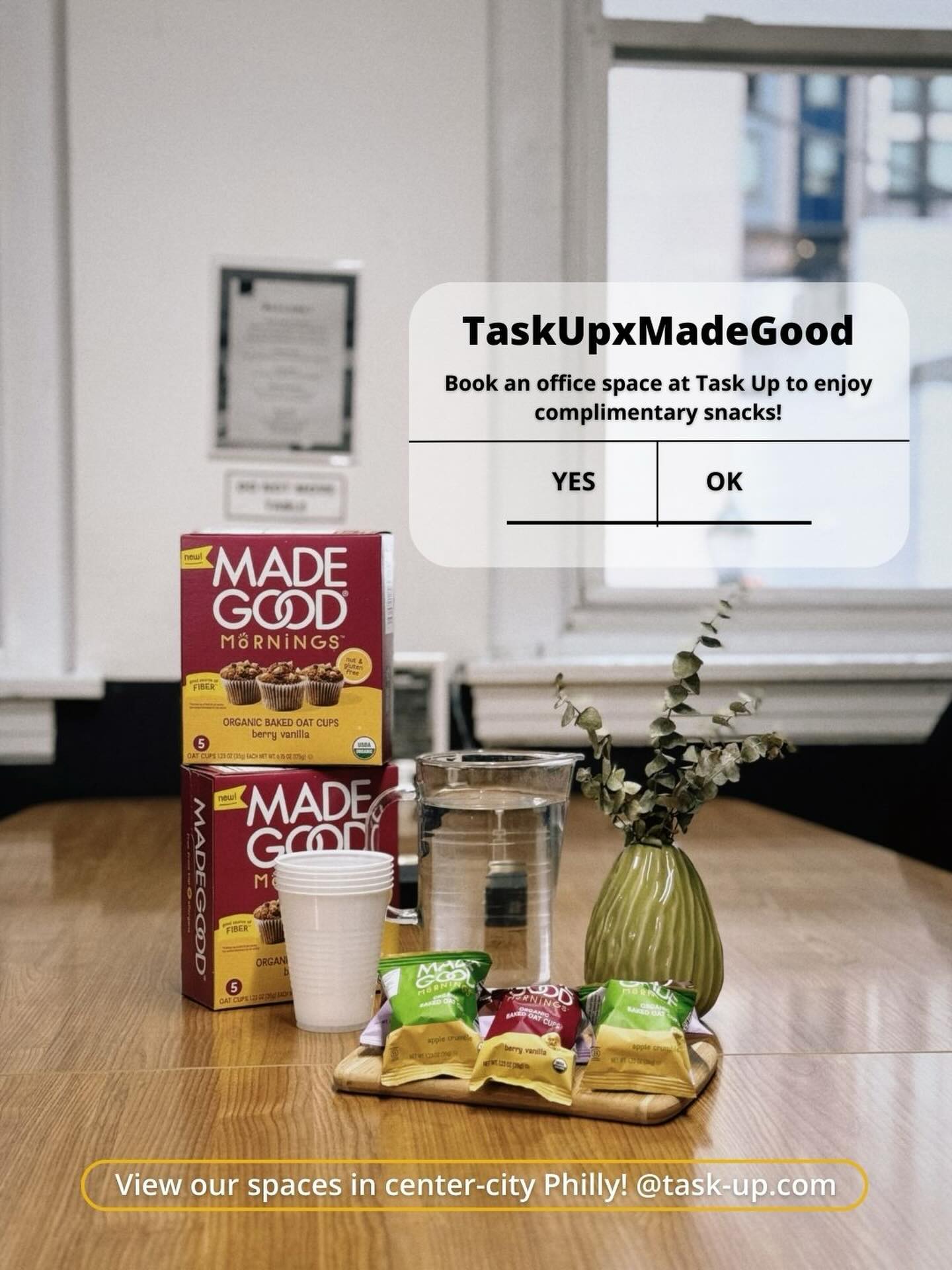 You have one new message: Task Up is spreading the holiday cheer! 🎄
Any bookings within the month of December will receive a FREE box of MadeGood treats! Let’s Task Up, together!
#phillycoworking #supportsmallbusiness #taskupxmadegood #taskupphilly #membershipperks #coworkingspace #coworkingcommunity #supportphilly