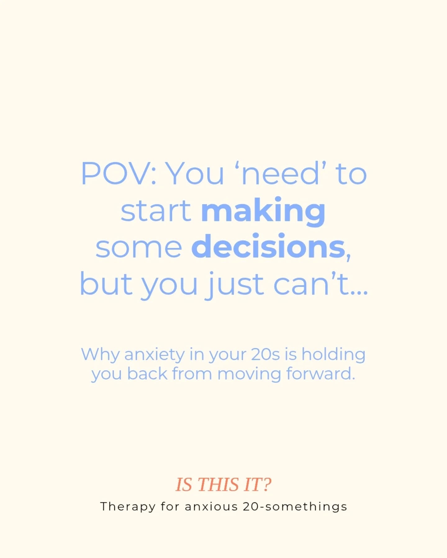 Fed up of feeling stuck? This one's for you 👇
I get it, the paralysis is real. Everyday you feel like you're stagnating. Like life is happening to you, rather than for you.
You try to break it down into individual questions... "I'll start with, where do I want to live"
But the reality is, every time you do this you get flooded with a million more questions or considerations:
"Maybe I shouldn't settle somewhere & I should travel instead"
"Maybe I could start a business, which would mean staying at mum and dad's a little longer"
"Maybe I want to move to London and live the corporate life"
"Maybe I should turn my back on society (and my student loan) and go and create a simple existence in Scotland... no, Portugal... no, Australia"
In our therapy sessions we can figure-out what dreams you want to make a reality and what is holding you back.
It all starts with you and I'm here to support you through this confusing time - because I'm a therapist making it my life's mission to support 20-somethings through their existential crises ✌️
Check my page to know more, I look forward to being alongside you!
.
.
#therapyforanxiety #anxious20somethings #therapyforoverwhelm #therapyforoverthinking #existentialcrisis #decisionparalysis