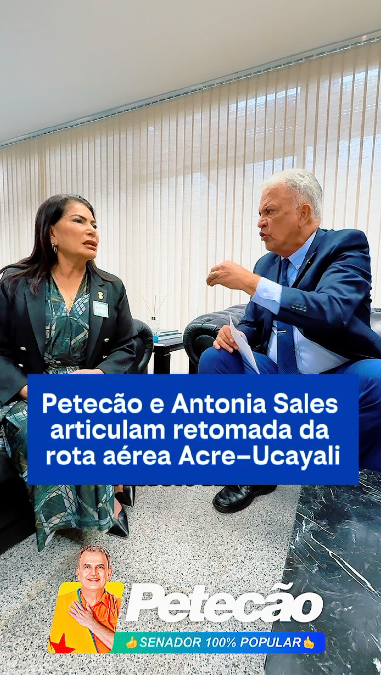 Petecão e Antonia Sales articulam retomada da rota aérea Acre–Ucayali
Amigos, hoje tive a alegria de receber minha amiga e grande liderança do Vale do Juruá, a deputada estadual Antonia Sales. Estamos juntos articulando uma agenda com o Presidente da República para tratar de temas importantes para o nosso Acre e para o Departamento de Ucayali, no Peru.
Um dos principais pontos da nossa reunião é a retomada dos voos entre Cruzeiro do Sul e Ucayali — um pedido direto do governador de Ucayali, Manoel Gambini. Esses voos, que já chegaram a integrar nossos povos por mais de 10 anos, foram interrompidos de uma hora para outra. Desde o ano passado existe acordo para que sejam retomados, mas até agora nada aconteceu.
Já estamos chegando ao final de 2025 e seguimos cobrando essa solução. A reativação dessa rota é um sonho antigo nosso, dos cruzeirenses, e será fundamental para aproximar ainda mais o Acre e Ucayali.