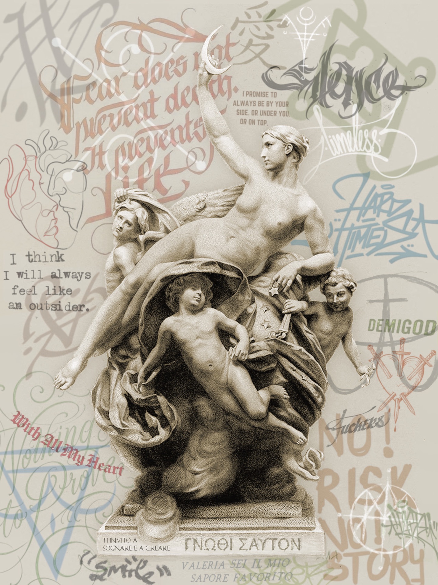 A sketch suspended between myth and self-awareness: marble bodies, restless thoughts, and street-born mantras.
Because knowing yourself (gnōthi sautón) isn’t about perfection, but about embracing the divine spark inside the outsider we all feel like.
Battaglini reminds us that we are timeless beings carving meaning into a temporary world.
What truth about yourself are you finally ready to see?
#MarcoBattaglini #ArtPopClassic #knowthyself