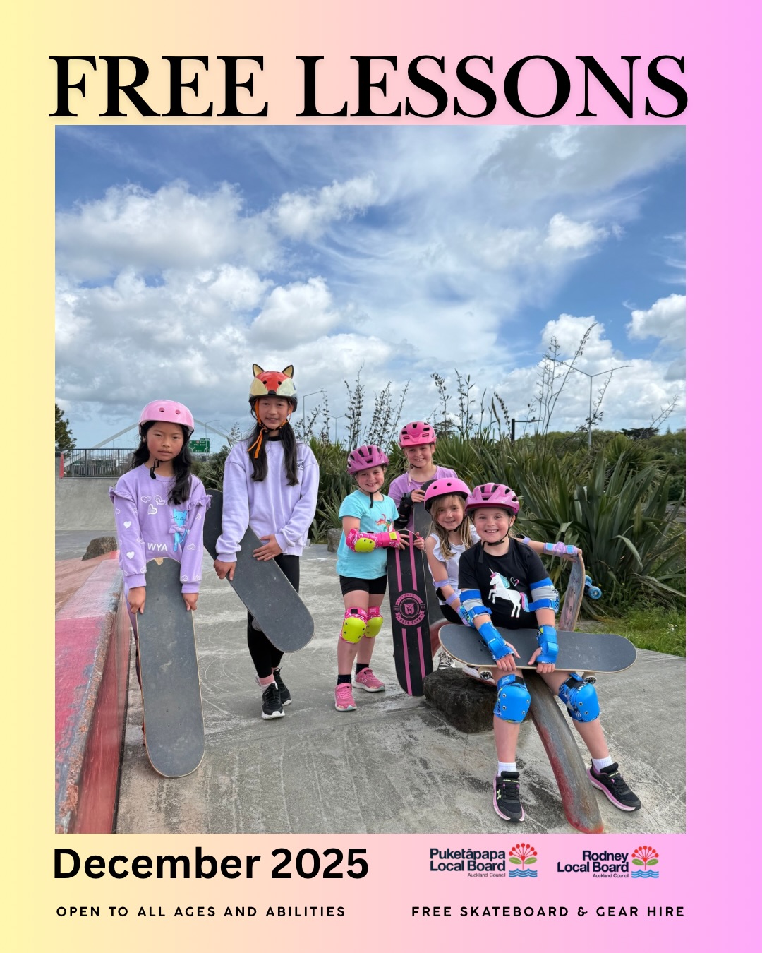 We’ll be at May Road Skatepark this Saturday and next Saturday with a free lesson thanks to the Puketāpapa local board from 2pm-4pm 🩷and we’ll also be at Wellsford Skatepark this Sunday and next Sunday with 2x free lessons thanks to the Rodney Local Board from 2-4pm 🩷 spaces are limited, but are open to all ages and abilities with free skateboard hire 🥰 you can find the link to book in our website girlsskatenz.com/classes 💌