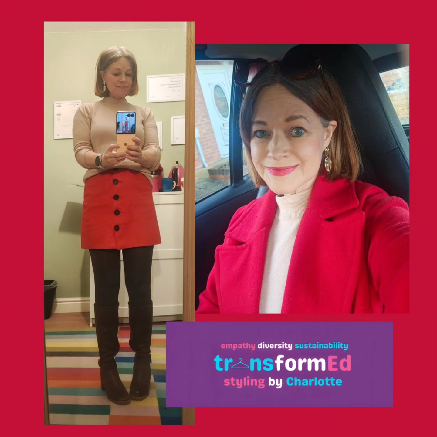 Sustainable styling can mean giving each garment at least 30 wears. I'm giving Father Christmas a run (or sleigh ride) for his money with the number of times I'm wearing red, especially this preloved red coat. Swipe for my impromptu encounter in a charity shop (where else?!) with my best insta buddy @susiefromthesixties.
โค๏ธ
Coat preloved
Skirt from the Trans Support Hub Clothes Swap
Boots old
Jumper @oestlondon
โค๏ธ
Personal Styling Hull
Colour Analysis Hull
Sustainable Styling