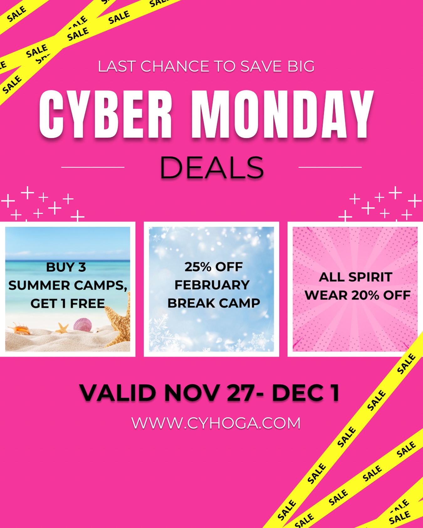✨ Ends TONIGHT! ✨
Our biggest deals of the year wrap up today! If you’ve been eyeing the Buy 3 Summer Camps, Get 1 FREE deal… this is your sign. It only happens once a year and won’t be back again until next year!
Shop before midnight at cyhoga.com 💕