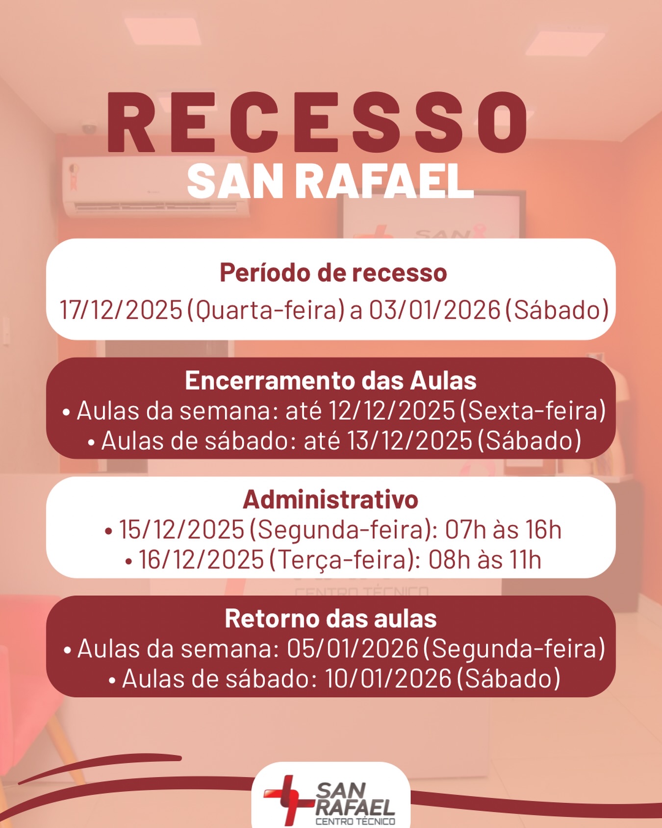 Estamos nos aproximando do nosso recesso! Confira as datas de encerramento das aulas, horários do setor administrativo e o retorno das atividades.
Qualquer dúvida, nossa equipe está à disposição para ajudar 💙