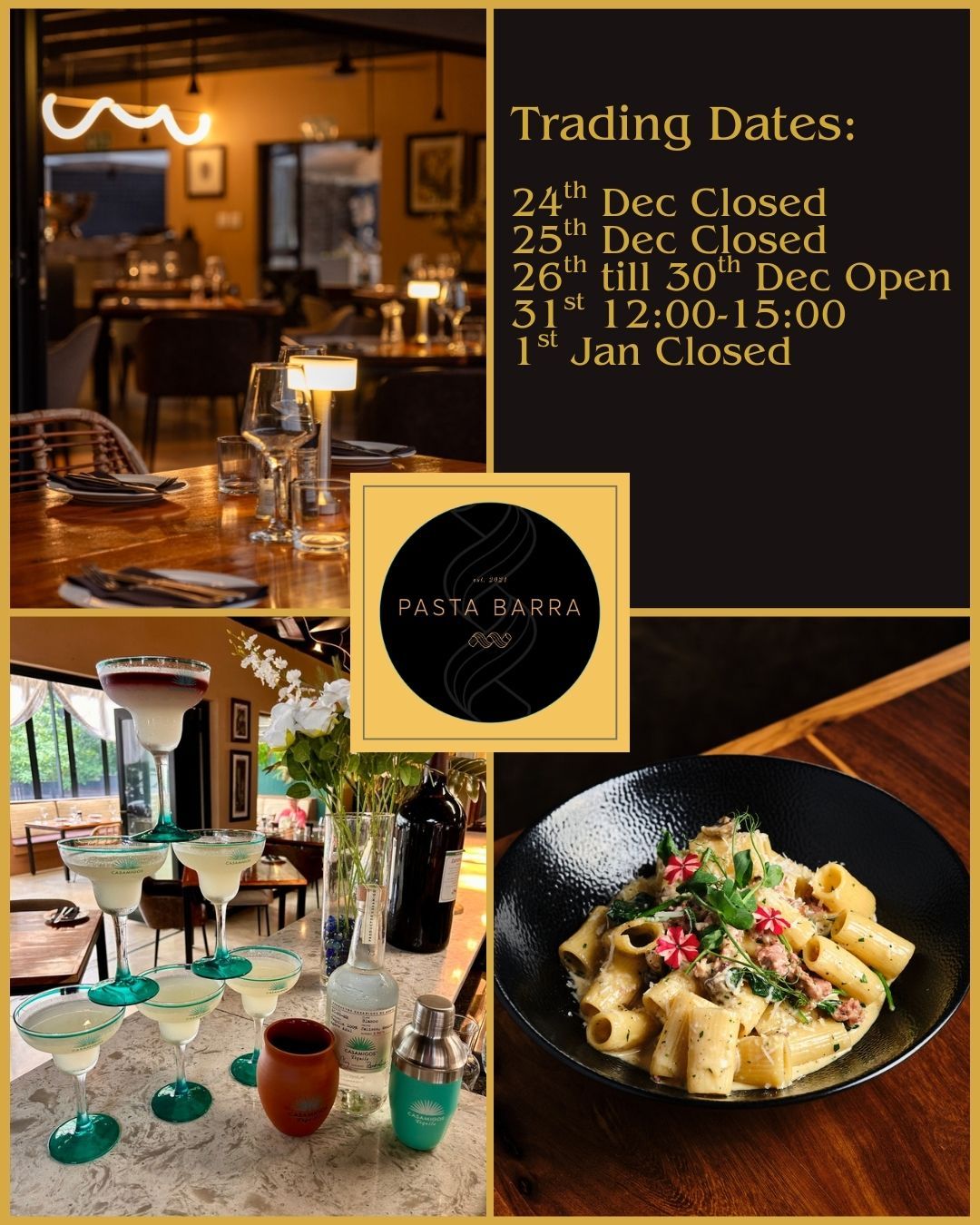 Don't miss out on festive magic at Pasta Barra! 🎉
We're OPEN throughout the festive week, ready to welcome you for unforgettable Mediterranean dining experiences. Whether it's a celebration with loved ones or a well-deserved treat, Chef Noli's handcrafted pasta and authentic flavors are waiting for you.
Check our trading hours and secure your table NOW – spots are filling up fast!
📍 Brooklyn, Pretoria
🍽️ Link in bio to reserve
📞 Call us for group bookings
The festive season is the perfect time to experience true Mediterranean hospitality. Book your table today!