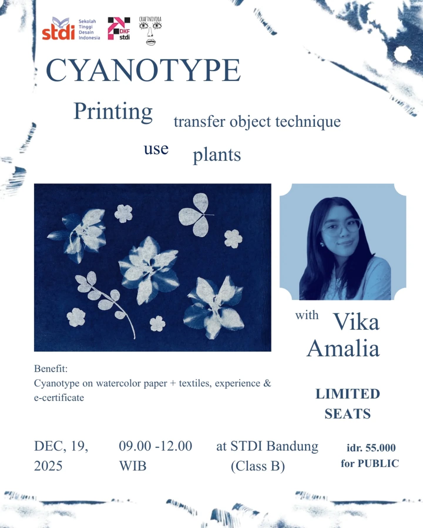 Join our Cyanotype Workshop and explore a classic photographic printing technique known for its deep blue tones.
This hands on session invites you to experiment with light, objects, and composition guiding you through the cyanotype process from start to finish. You’ll create your own print and gain a new perspective on alternative photography.
📅 Date: December, 19, 2025
🕙 Time: 09.00 - Selesai
📍 Location: Campus STDI (Class B)
Open to anyone curious about art, design, and visual experimentation.
*REGISTER HERE!*
https://bit.ly/4iWyXCN
@kampus.stdi @fashion.stdi @craftnivora