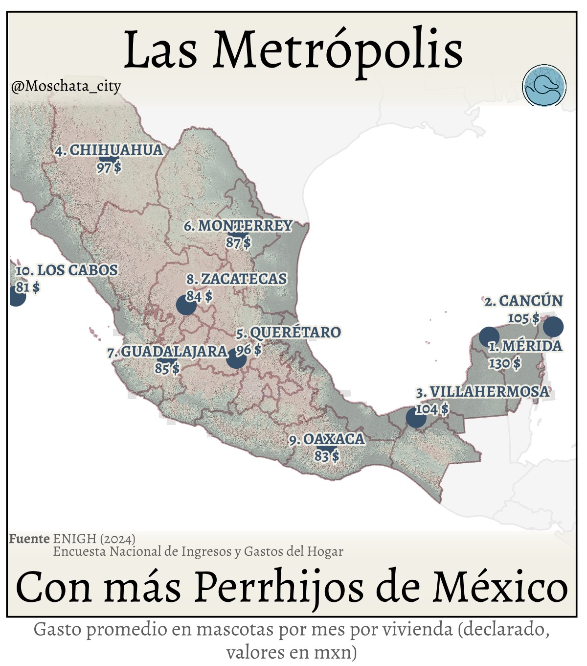 .
🐶🐱 El negocio de las mascotas es uno de los que más ha crecido en los últimos años.
Veterinarias, alimento especializado, estética, guarderías, entrenamiento… hoy las mascotas ocupan un lugar cada vez más central en la vida urbana.
Con datos de la ENIGH 2024 (INEGI) analizamos cuánto se gasta en mascotas en promedio por mes y por vivienda en las principales zonas metropolitanas de México. A partir de los microdatos de la encuesta, estimamos el gasto declarado en alimento, productos y servicios para mascotas, y lo agregamos a nivel metropolitano.
🔍 ¿Por qué los montos pueden parecer bajos?
Aunque el análisis considera únicamente viviendas que sí reportaron gasto en mascotas, la ENIGH registra gasto declarado, no gasto real total. Muchos gastos pequeños o esporádicos no siempre se reportan, y otros se prorratean a nivel mensual (por ejemplo, visitas al veterinario o compras anuales).
Por eso, estos valores no buscan reflejar exactamente cuánto gasta una familia en su mascota, sino comparar la intensidad del gasto entre ciudades.
📈 Aun con estas limitaciones, los datos muestran tendencias territoriales claras y consistentes, útiles para entender dónde el mercado de mascotas tiene mayor peso relativo y dónde está creciendo con más fuerza.
🧠 En los próximos días subiré un blog con la metodología completa, explicando paso a paso cómo se construyó el indicador, y también publicaré el código en GitHub para quien quiera revisarlo o replicarlo.
📩 Si te interesa un análisis de mercado desglosado espacialmente —para tu ciudad, tu negocio o un proyecto específico— no dudes en contactarnos.