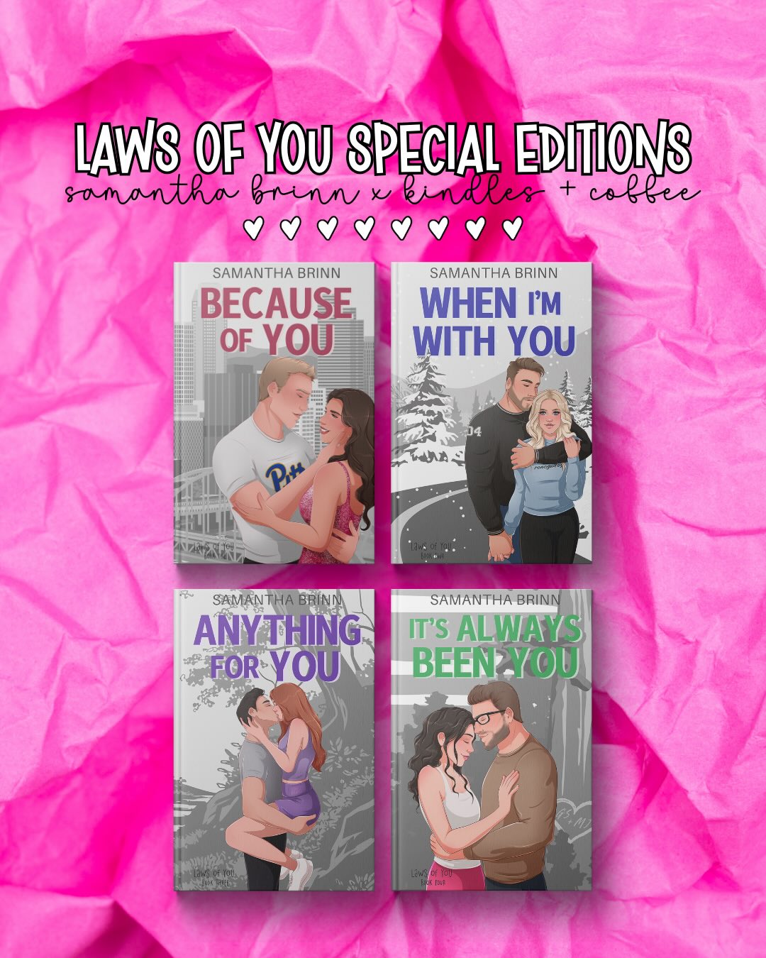 LAWS OF YOU SPECIAL EDITIONS 🩷
we did because of you this time last year and @samanthabrinnauthor and i are SO excited to announce that not only are we doing a reprint but we’re also adding the REST OF THE SERIES!
thank you to my girl @jessicalynndraws draws for drawing the most PERFECT characters i could ever dream of and @mel_d.designs for creating these cover to embrace all that is perfect about each of these stories.
this series is SO near and dear to my heart and i am SO excited to share these hardcover, 3D diamond printed covers with you 🩷
head over to kindlesandcoffee.com to snag yours!
which is your fave?!