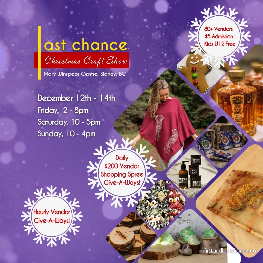 🎉 Last Chance - December 12-14 🎉
Please join us at the **Mary Winspear Centre** in the beautiful seaside town of Sidney from this weekend! It’s your last chance to find those special, thoughtfully crafted gifts and enjoy a festive, relaxed atmosphere before the holidays!
🗓 Dates: THIS WEEKEND - December 12-14
🕒 Times: Fri 2-8pm | Sat 10-5 | Sun 10-4
📍 Location: Mary Winspear Centre, Sidney
Discover over **80 talented artisans** showcasing stunning handmade creations — perfect gifts that are personal, meaningful, and made with love. Make sure to give yourself the gift of enjoying live Christmas music, relaxing at a cozy café run by Mensch Kitchen and Catering, and soaking up the festive cheer all around!
**Highlights include:**
🎁 Hourly artisan-curated gift bags
🎉 $200 daily vendor shopping spree giveaway
#CanadianMade #saanichpeninsula #exploresidneybc #UsedVictoria #LocalArtisans #HolidayGifts #MaryWinspearCentre #SidneyBC #ChristmasCountdown #ShopSmall #ShopLocal #CommunitySpirit
Many thanks to our sponsors - Peninsula News Review and Used Victoria!