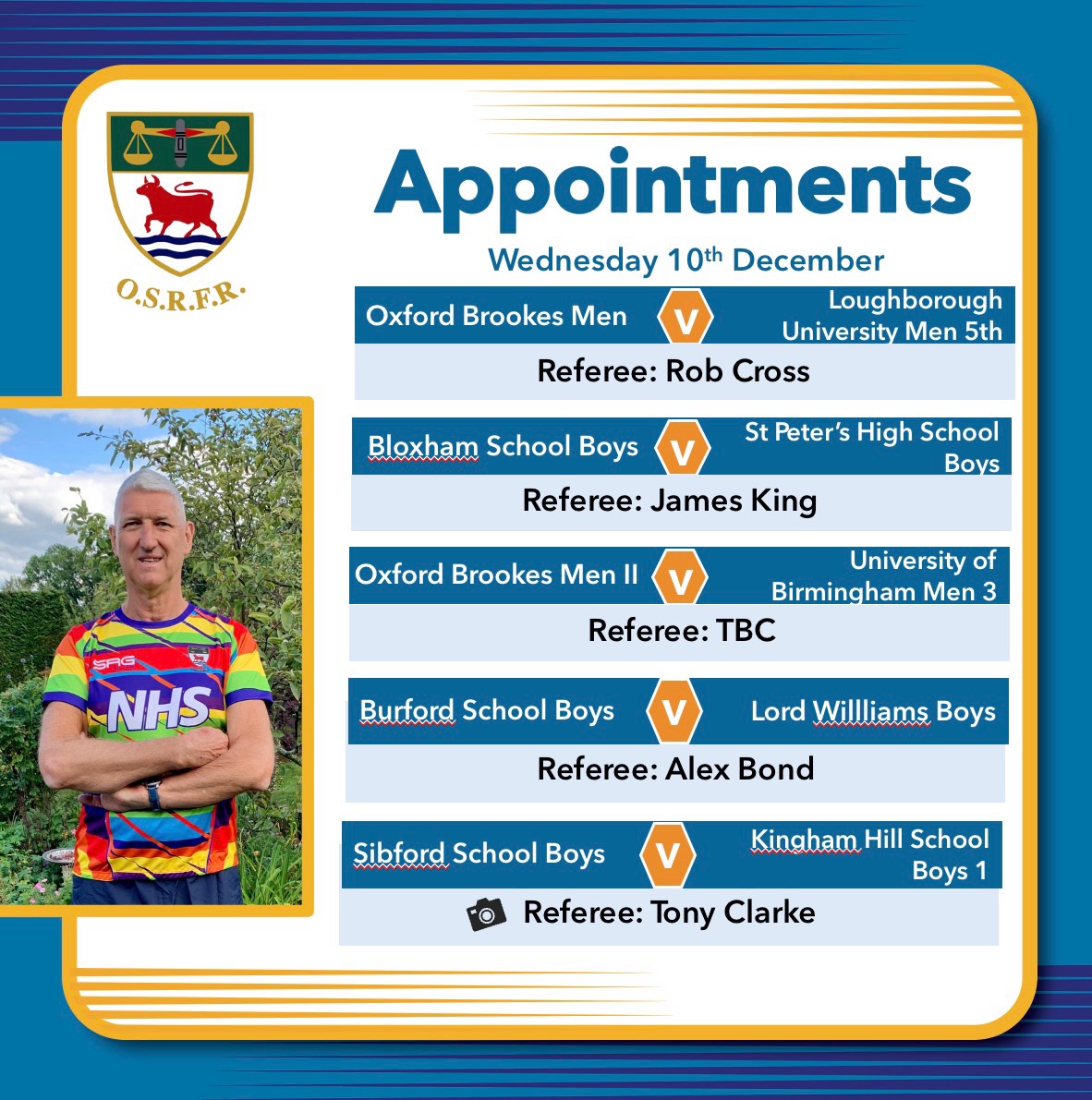 After a few quieter Sundays, we have a rather busier one this weekend, so I’ve gone for it as we have very few matches left to confirm.
I’m always hopeful that not much will change, but as it’s also our Christmas Social this Friday, updates may not happen. Either way, please check who’s allocated to your game and make contact as soon as you can to confirm the match is going ahead plus kick off times etc.
@oburfcmen @lbororugbymens @bloxhamschoolsport @ubrfc @burfordschoolsport @sibfordsport @kinghamhillschool @chinnorrfcthame @blackheath_1858 @bicesterrufc @readingrfc @wildboysoutlaws_crfc @gosfordallblacks @wallingfordrfc @abbeyrugbyclub @abingdonrufc @tadleyrfc @chipping_norton_rfc @grove_rugby @witneyrfc_official @didcotrufc @oxfordquins @oxfordrfc @harwellrufc @littlemore_rugby_club @bicestervixens @stowwomenrfc @banburyrugbyclub @wheatleyrufc @didcotvalkyries @wallingfordwarriors @andover_ladies_rfc @aylesburyrugbywomen
#keepyourbootson #bepartoftheteam🌹