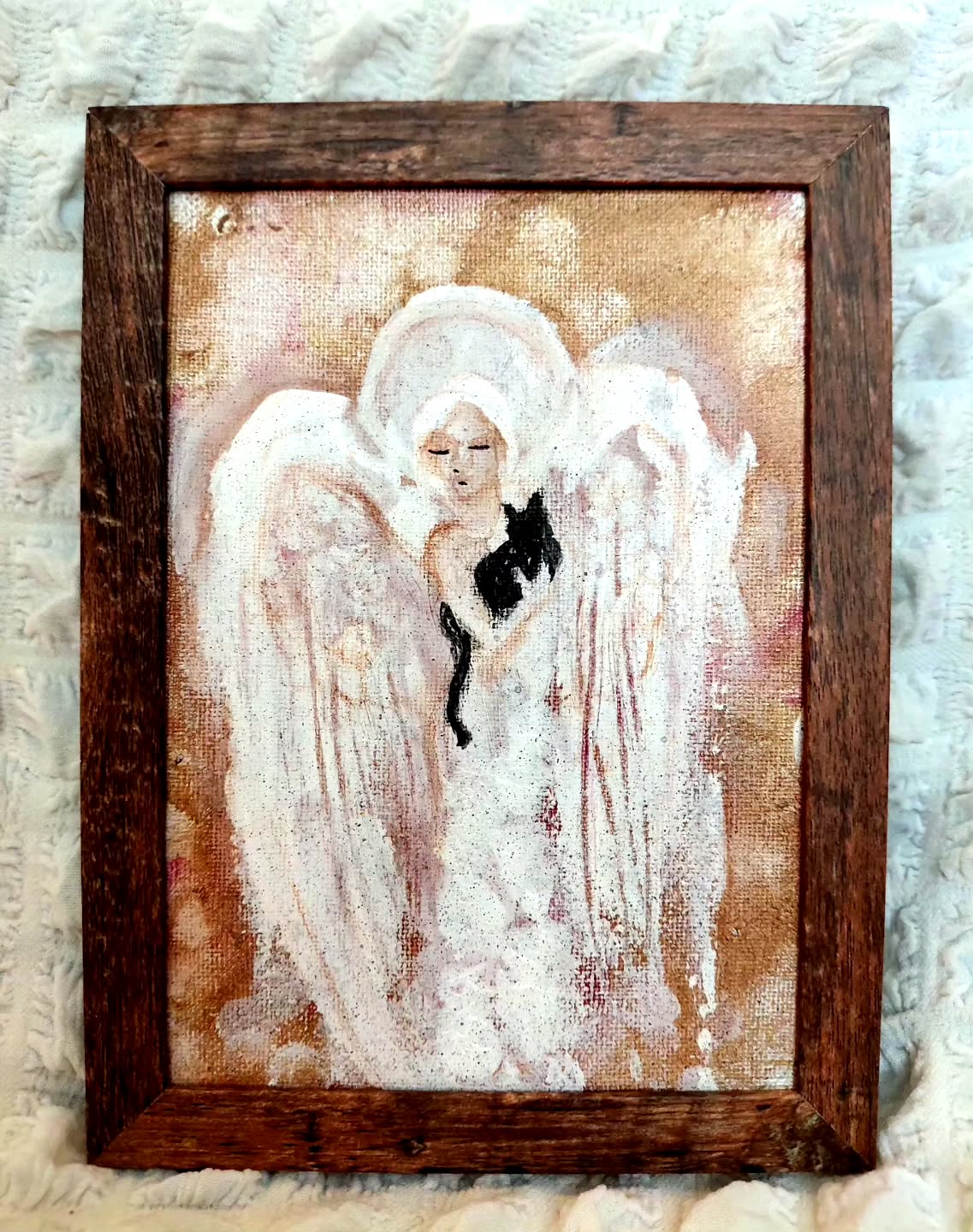 "9 Lives." Acrylic on 5x7 canvas, wood frame. Angel and kitty duo bound for the Heaviside Layer. $45 plus shipping. Mailing tomorrow might get it to you by December 25. Or I can deliver personally.
#cuteart #memories #catsofinstagram #angel #lastminutegifts #tinytreasures #smallpainting