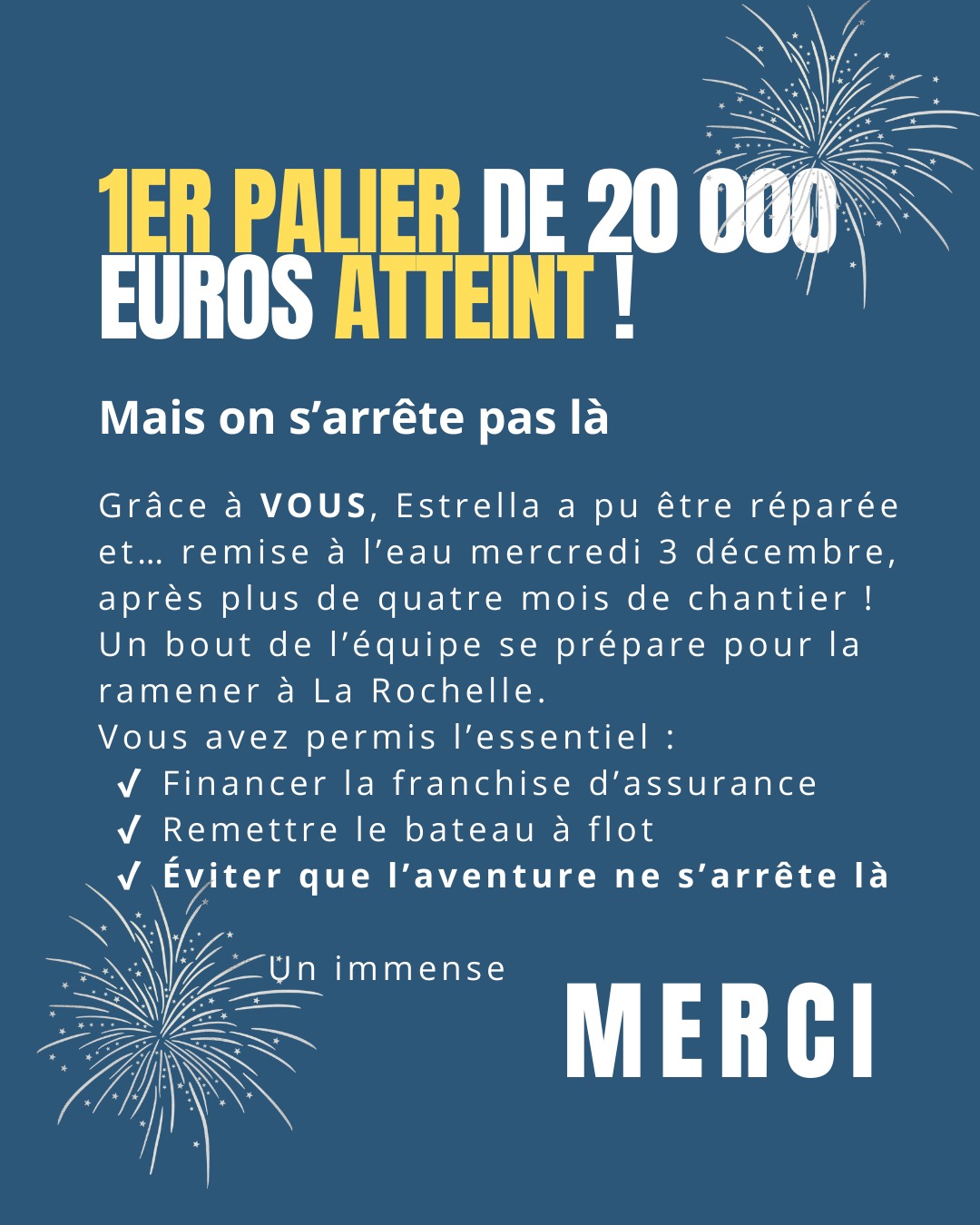🥳 BREAKING NEWS !
Grâce à VOUS, nous avons atteint notre premier objectif de 20 000 € : Estrella a retrouvé son élément le 3 décembre ! Et ça, c’est une excellente nouvelle ! 💃
🚀 On ouvre un nouveau palier : + 10 000 € pour redonner de l’air à l’association après une saison écourtée
✨ Ensemble, continuons d’écrire cette aventure humaine et maritime !
🫶 Un immense merci pour vos dons, vos partages, vos mots de soutien… Ça fait un bien fou ! 🫶
#sauvonsestrella #aventure #voileinclusive #voile
