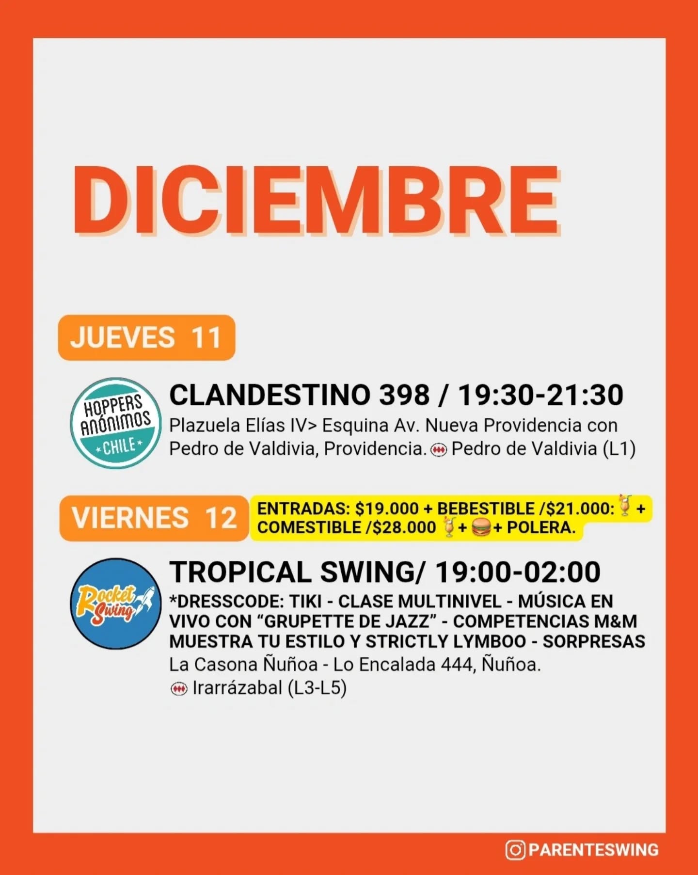 ✨Todos los eventos son gratuitos y abiertos a todo público, a menos que se indique valor de entrada 💸
‼️Cualquier modificación o nuevo evento en los comentarios👇🏻 y/o por historias 👆🏻
🤔 Qué es un Clandestino o Baile Social?
Una instancia donde fanáticos de los bailes swing (Lindy hop, Balboa, Shag, Solo jazz) se reunen a compartir, hacer comunidad y a la vez, practicar.
❌ Las actividades publicadas NO son instancias de clases para aprender a bailar, a menos que se indique “Taller” o “Clase Abierta”.
👀 Quieres aprender a bailar?
En nuestra historia destacada “CLASES” está toda la información y formularios de inscripción a los cursos del mes de las escuelas de bailes swing ✨
Nos vemos en la pista! 💃🏻🕺🏻🔥
#danzachile #lindyhopchile #swingchile #bailechile #eventoschile #danzasantiago #santiagodechile #panoramasgratis #swingdancechile #swingdancingchile #lindyhopperschile #panoramasgratis #panoramagratis #santiago