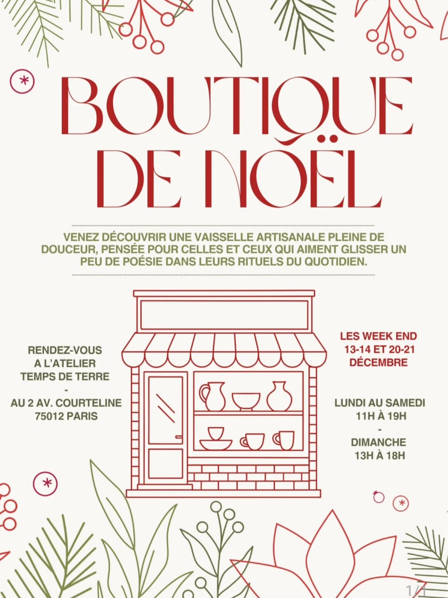 ✨Boutique de Noël✨
à l'atelier Temps de Terre
Ça y est !!
Les céramiques de Noël arrivent !!
Vous y découvrirez une vaisselle artisanale pleine de douceur, pensée pour celles et ceux qui aiment glisser un peu de poésie dans leurs rituels du quotidien.
Chaque pièce est imaginée pour offrir à votre table une lumière particulière, à la fois chaleureuse et délicate.
Et si vous êtes en quête de cadeaux qui ont du cœur, du relief et cette petite âme que seule la main humaine sait créer, alors vous êtes au bon endroit. Ici, chaque objet porte une histoire, façonnée avec authenticité et beaucoup de sincérité.
Voici les horaires pour venir découvrir la boutique de l’atelier en décembre :
• Du lundi au samedi : 11h – 19h
⚠️ fermeture lundi 15/12⚠️
Week-ends spéciaux Boutique de Noël :
• 13 & 14 décembre
• 20 & 21 décembre
Samedi : 11h – 19h
Dimanche : 13h – 18h
On vous attend avec du bon thé ☕️ et un délicieux chocolat chaud !!
À très vite !
🎄🎁🎄