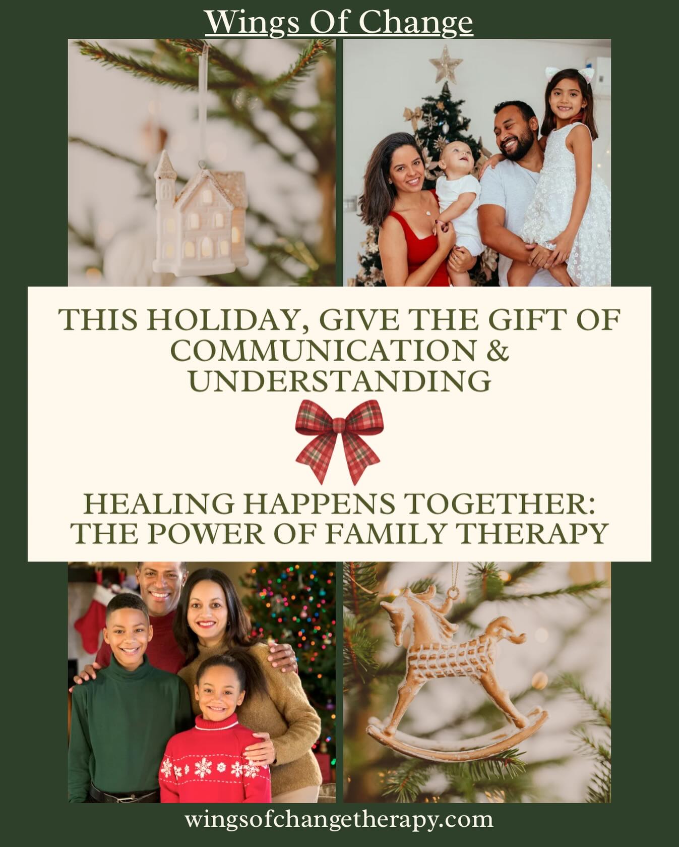 Family Therapy at Wings of Change Therapy
⛄️The holiday season is often a time of togetherness, reflection, and shared moments — but it can also highlight stress, emotional distance, or unspoken tension within a family. Family therapy is a powerful way to restore connection, strengthen communication, and support the emotional well-being of everyone in the home, especially during a season centered around closeness.
At Wings of Change Therapy, we help families navigate the complex dynamics that arise when one or more members are struggling — especially teens facing depression, anxiety, identity exploration, or overwhelming stress.
In our sessions, we work to:
• Improve communication so each person feels heard, respected, and understood.
• Address patterns and conflicts that may be causing distance, tension, or emotional disconnection.
• Support teens and caregivers together, building mutual understanding and healthier ways to cope.
• Navigate major transitions such as separation, blended families, loss, or changes in family roles.
• Strengthen emotional bonds by exploring each person’s needs, perspectives, and experiences.
Family therapy isn’t about assigning blame — it’s about healing as a team. With culturally sensitive, trauma-informed care, we help families move toward clarity, stability, and deeper connection, creating the possibility for a more peaceful and connected holiday season.
If your family is ready for support or guidance, we’re here to help every step of the way:
📞 (760) 587-3075
📧 Dakota@wingsofchangetherapy.com
#familytherapy #couplestherapy #fyp