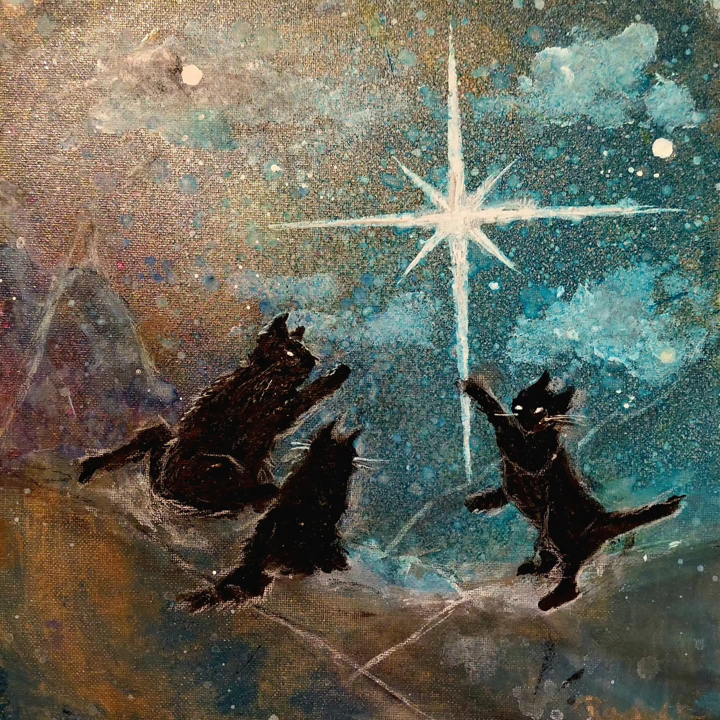 UPDATE: Sold
"Meowing Toward Bethlehem"* Acrylic, ink, mica, liquid charcoal on 12x12 canvas. Limited time offer: $65 until Friday, then $125 for BRAF sale. *A tip of the paw to Joan Didion
#starofwonder #catsofinstagram #whimsigoth #grandmahumor #slouchingtowardbethlehem #animalpaintings #whimsigoth #starofbethlehem