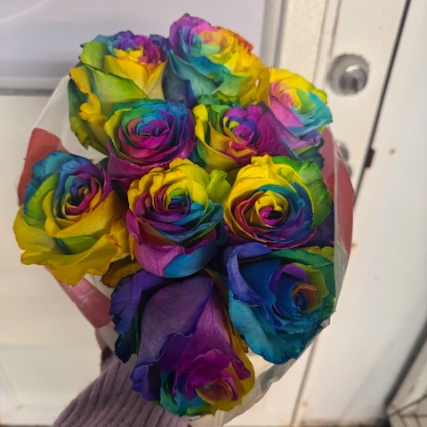 Feeling Groovy today? Want to share the feeling? Choose from our Tie Dye or Cotton Candy rose 10 stem bouquets. ONLY $10.00 while supplies last!! Cash & Carry only-No delivery.