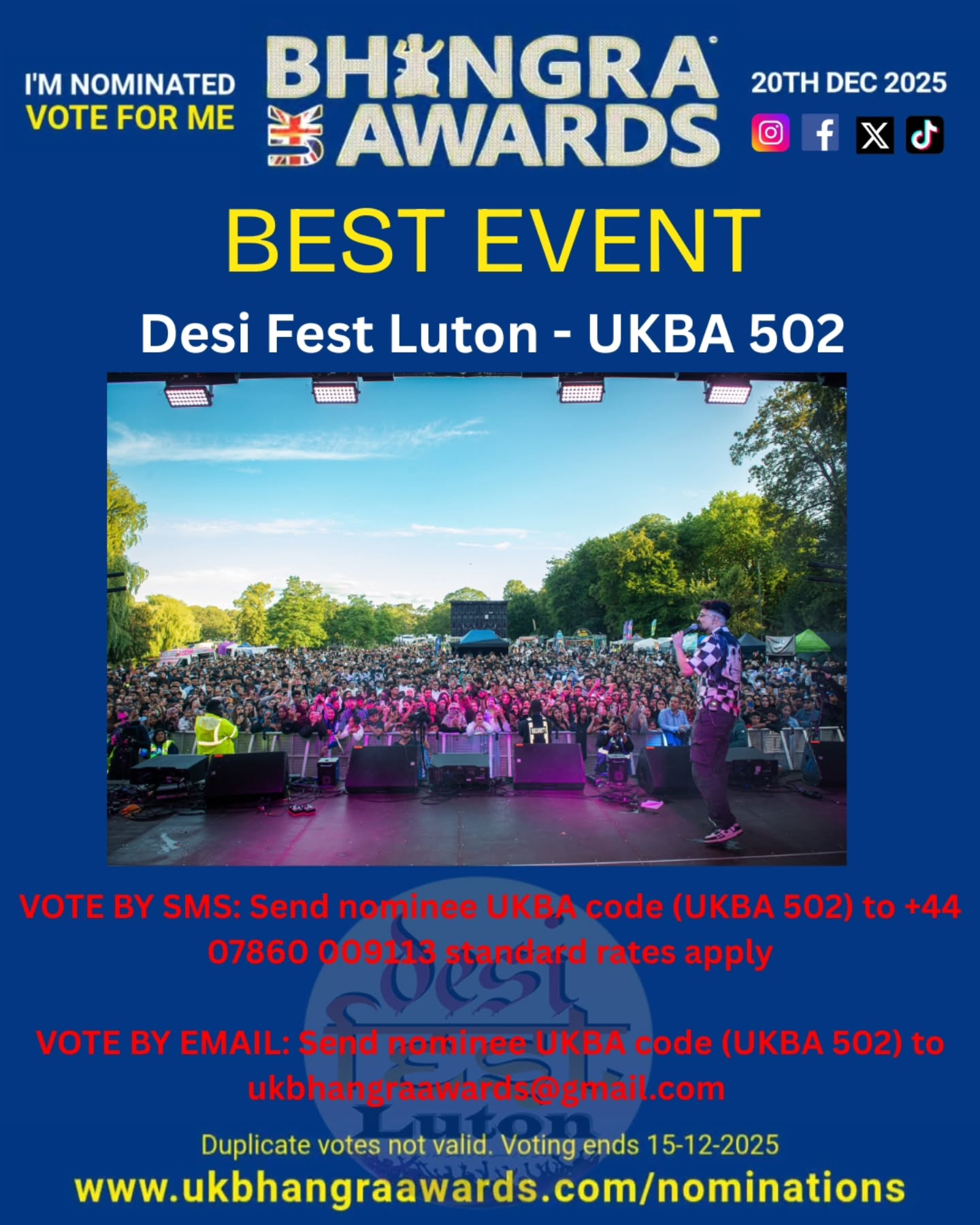 We are honoured to be nominated for UK Bhangra Awards 2025.
Please visit the UK Bhangra event website nominations page using the link provided below, to nominate us for the best event award.
https://www.ukbhangraawards.com/nominations
You can use this vote by either text or email.
VOTE BY SMS: (UKBA 502) Send the nominations to UKBA code to; +44 07984 356536 (Standard rates apply)
VOTE BY EMAIL: (UKBA 502) Send the nominations to UKBA code to; ukbhangraawards@gmail.com
(We are UKBA 502)
Duplicate votes will not be counted. Voting ends 15-12-2025 midday.
Winners will be announced on 20-12-2025
@bobby.bola @ukbhangraawards