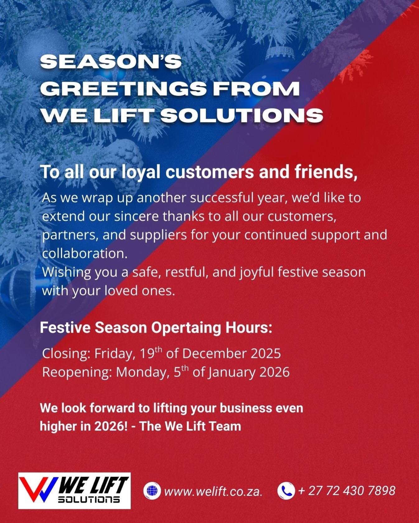 From all of us at We Lift Solutions, thank you for trusting us throughout 2025. Your support means everything! 🙏
Wishing you a festive season filled with rest, joy, and great moments. 🎄
Holiday Closure:
🎁 Last day: 19 December
✨ Reopening: 5 January 2026
We can’t wait to innovate, support, and lift with you again next year.