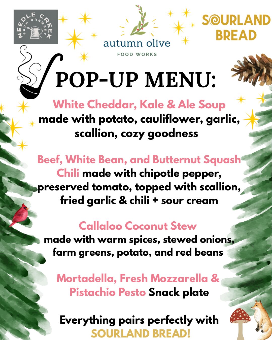 ✨🌲Pop Up Menu for a lovely relaxing evening at @needlecreekbrew in Pennington NJ, This Thursday December 18th from 5-8pm!! 🎄❄️❤️
My favorite bread in New Jersey @sourland_bread will also be there selling breads to accompany these tasty soups & snacks, and fabulous LOCAL BEER!! Sourdough bowls anyone?? + live music?? =😍🍲❄️🎄❤️…Did I mention…there will be beer in the soup…? And local veg + meat!!!??
Hope to see you there!