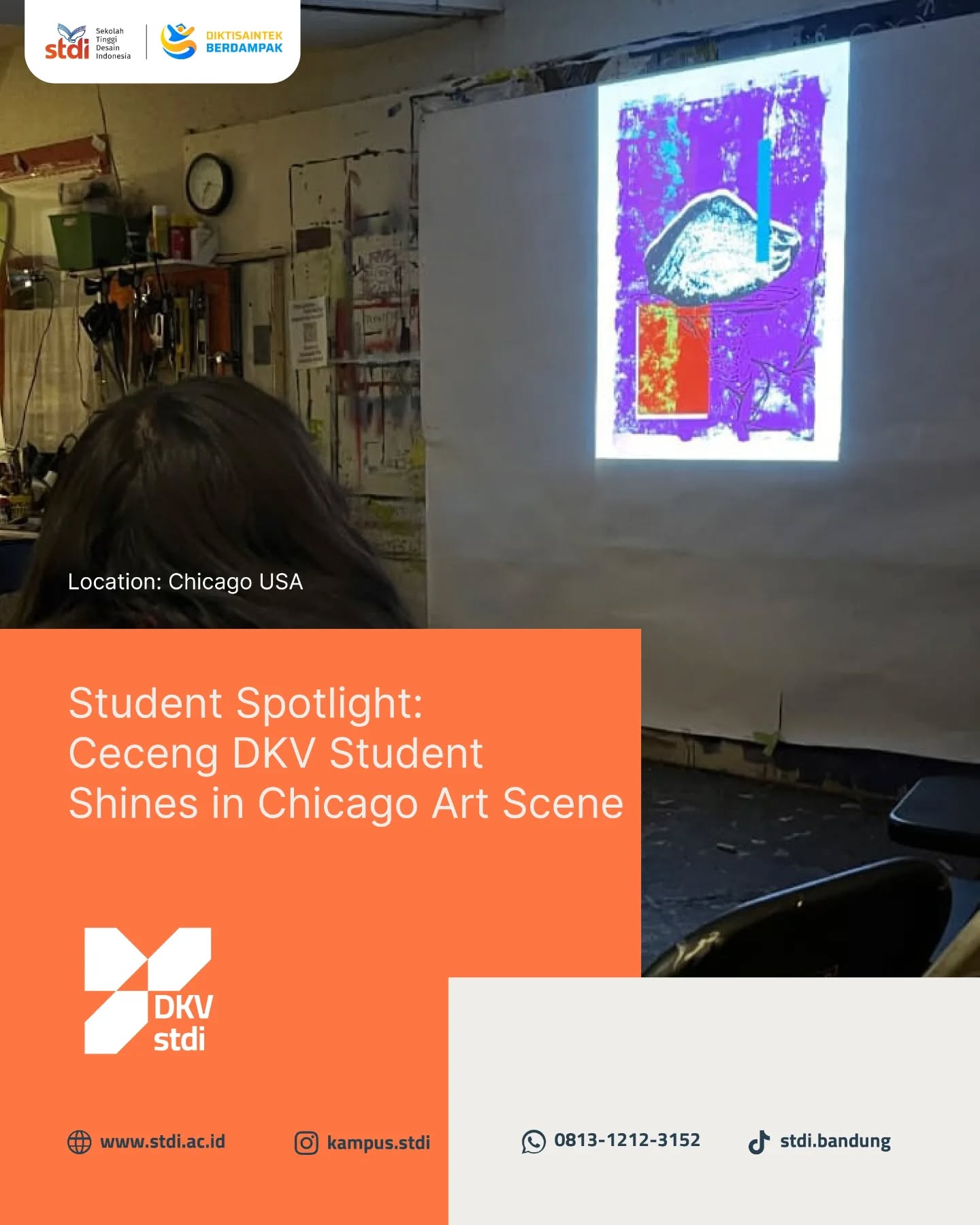 Mahasiswa DKV STDI kembali mengukir prestasi! Selamat kepada Ceceng atas partisipasinya dalam pameran Digital Art Show yang diadakan di Chicago, Amerika Serikat. 🇺🇸
Acara ini berlangsung di AnySquared Studio (2328 N Milwaukee Ave) dan menjadi wadah bagi 60+ seniman digital lokal maupun internasional untuk berbagi visi mereka.
Bangga melihat mahasiswa kita terus mengeksplorasi potensi diri hingga ke mancanegara. Way to go, Ceceng! 🚀