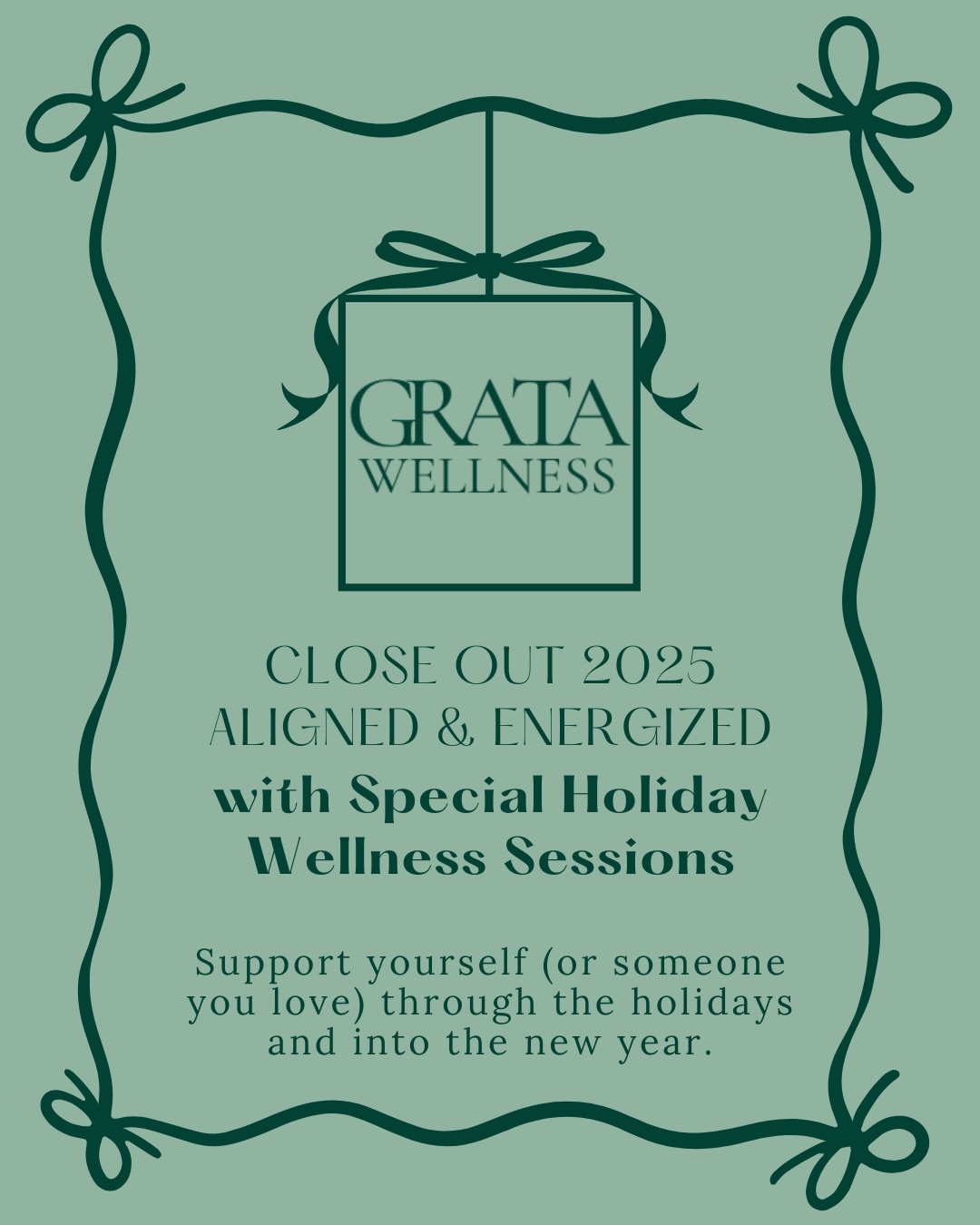 My gift to you!🎁🎀🪩
Close out 2025 aligned, energized, and supported✨This season, I’m offering special holiday pricing on two Grata favorites:
• 1:1 Reset Coaching Session
• Alignment & Visioning Meditation
Give a meaningful gift to yourself or someone you love during a busy season!
#gratawellness #holidaywellness #mindfulliving #yearendreset #alignment #mindbodysoul #selfcareseason #holistichealth #wellnessjourney #energyalignment #mindfulnesspractice #seasonalselfcare