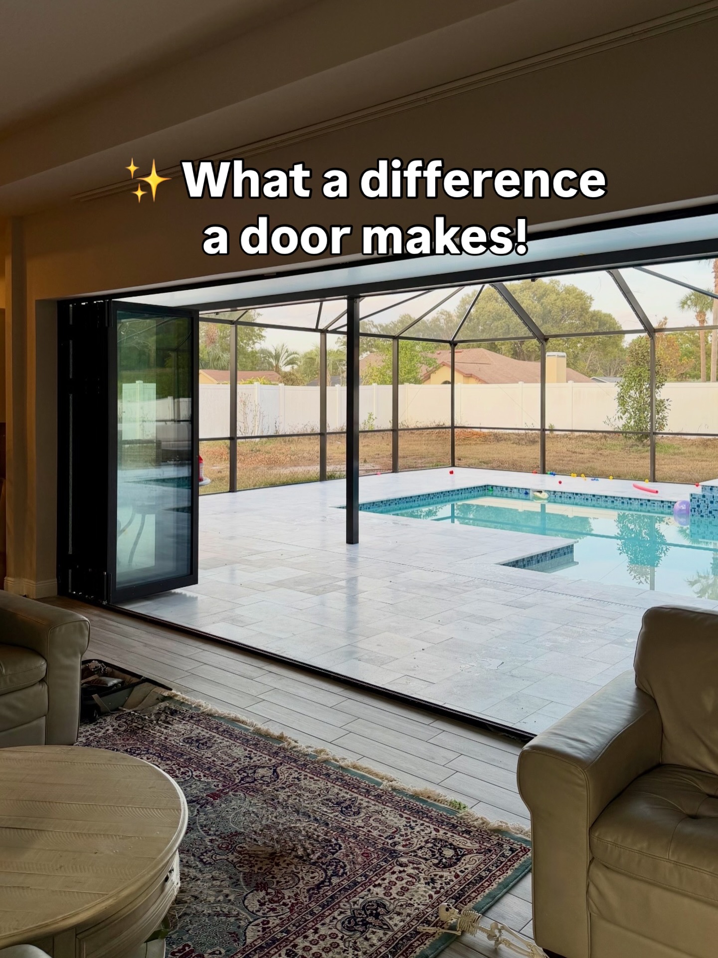 This premium aluminum bifold door completely opens the living room to the pool, turning a simple backyard into a bright, open retreat made for slow mornings, summer nights, and everything in between.
With one smooth fold, the entire wall disappears — letting the light in, the breeze in, and life flow naturally between indoors and out.
If you’re dreaming of a space that feels bigger, brighter, and more connected, this is how you make it happen.
📦 In-stock bifold systems
🛠 Professional installation
📍 Houston based — nationwide delivery
#BifoldDoors #PoolViewLiving