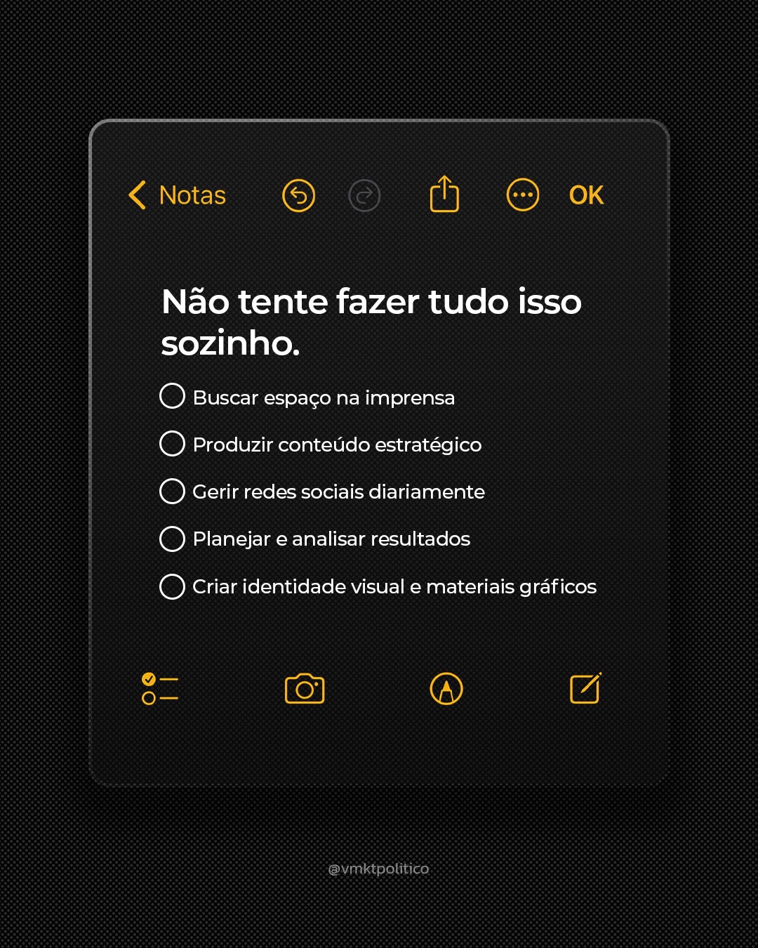 Campanha não se vence sozinho, se vence com estrutura, planejamento e a equipe certa.
Se você não tem uma grande verba, faça o que campanhas inteligentes fazem:
✔️ planeje seus gastos
✔️ foque no essencial para o momento
✔️ distribua tarefas com clareza
✔️ evite sobrecarregar colaboradores
✔️ ajuste o tamanho da equipe conforme a demanda
E comece cedo:
➡️ selecione sua equipe assim que decidir concorrer
➡️ treine, delegue, defina metas e acompanhe resultados
➡️ estruture papéis para não improvisar durante a campanha
Não abra mão de uma equipe qualificada.
💬 Acompanhe a VMKT POLÍTICO para aprender a estruturar sua campanha com estratégia.
#VMKTPOLITICO #MarketingPolitico #EstratégiaEleitoral #EquipeDeCampanha #PlanejamentoPolítico #CampanhaVencedora