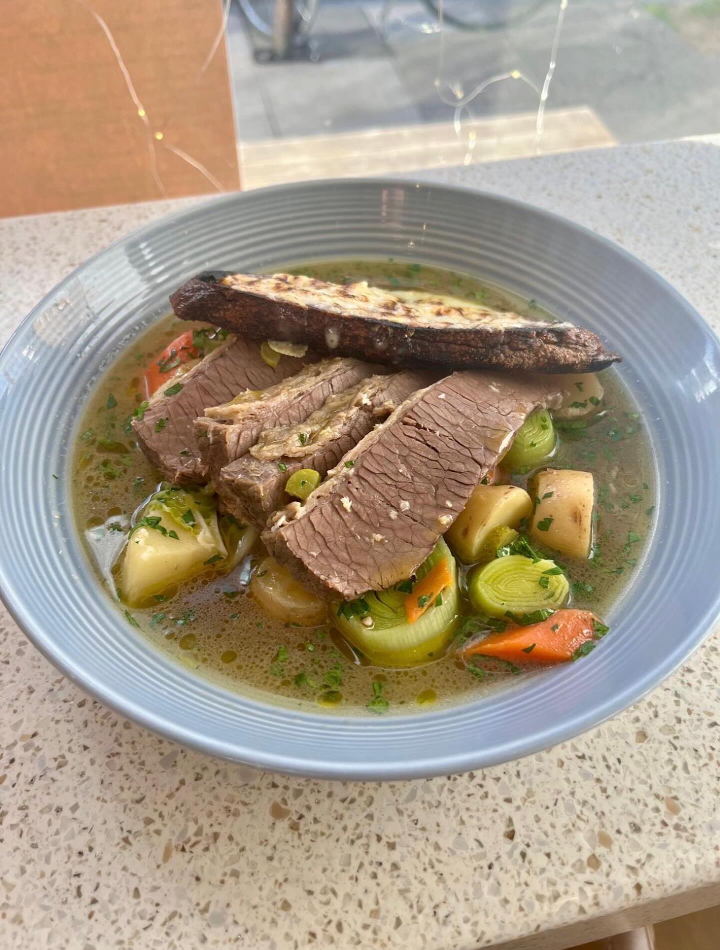 Beef pot au feu & Gruyère crouton on for lunch.
#potaufeu