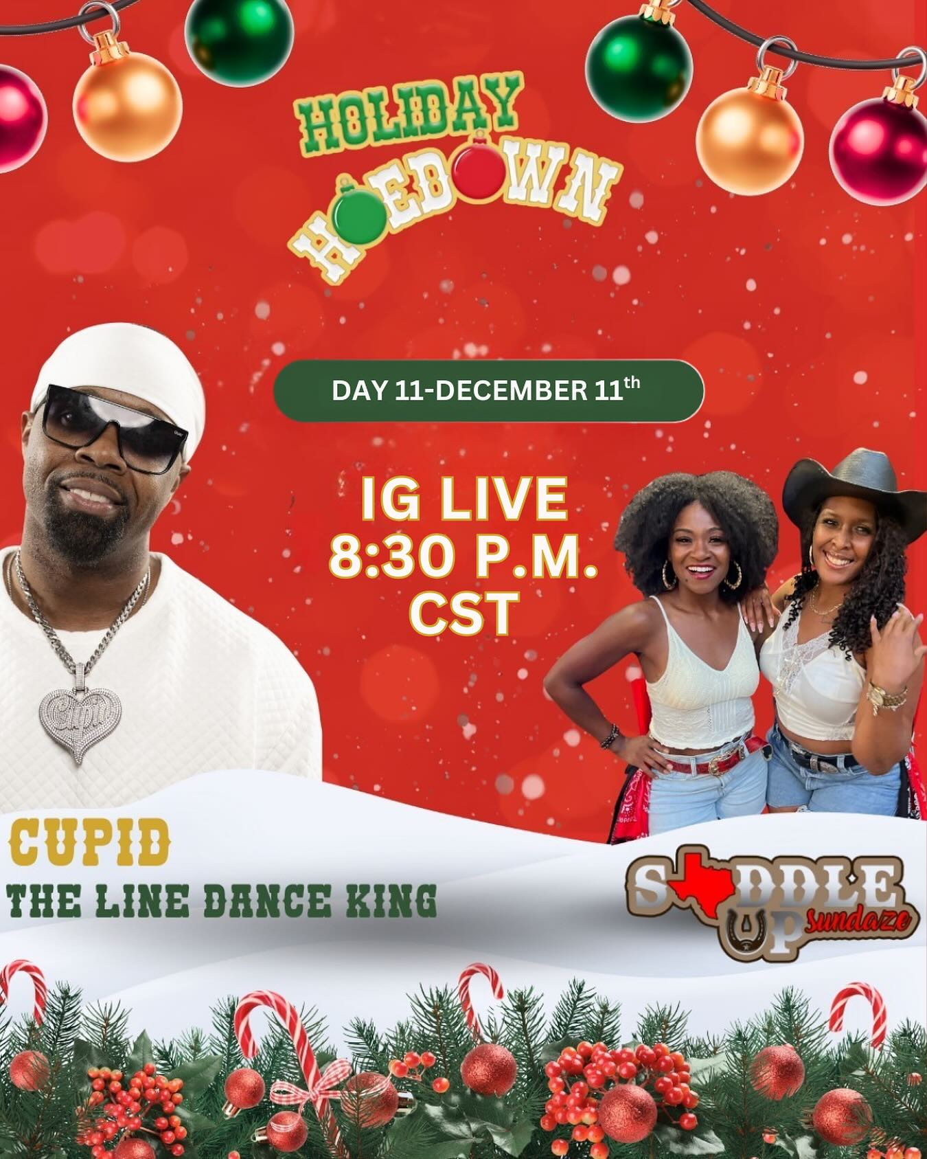 We told you we’d be back with a new date and here we are!
Join @saddleupsundaze tonight for quick conversation with @officialnewcupid about his new album and all things line dance.
Set your reminder so you don’t miss it and grab your tickets to the Holiday Hoedown while you’re at it.
See you tonight!