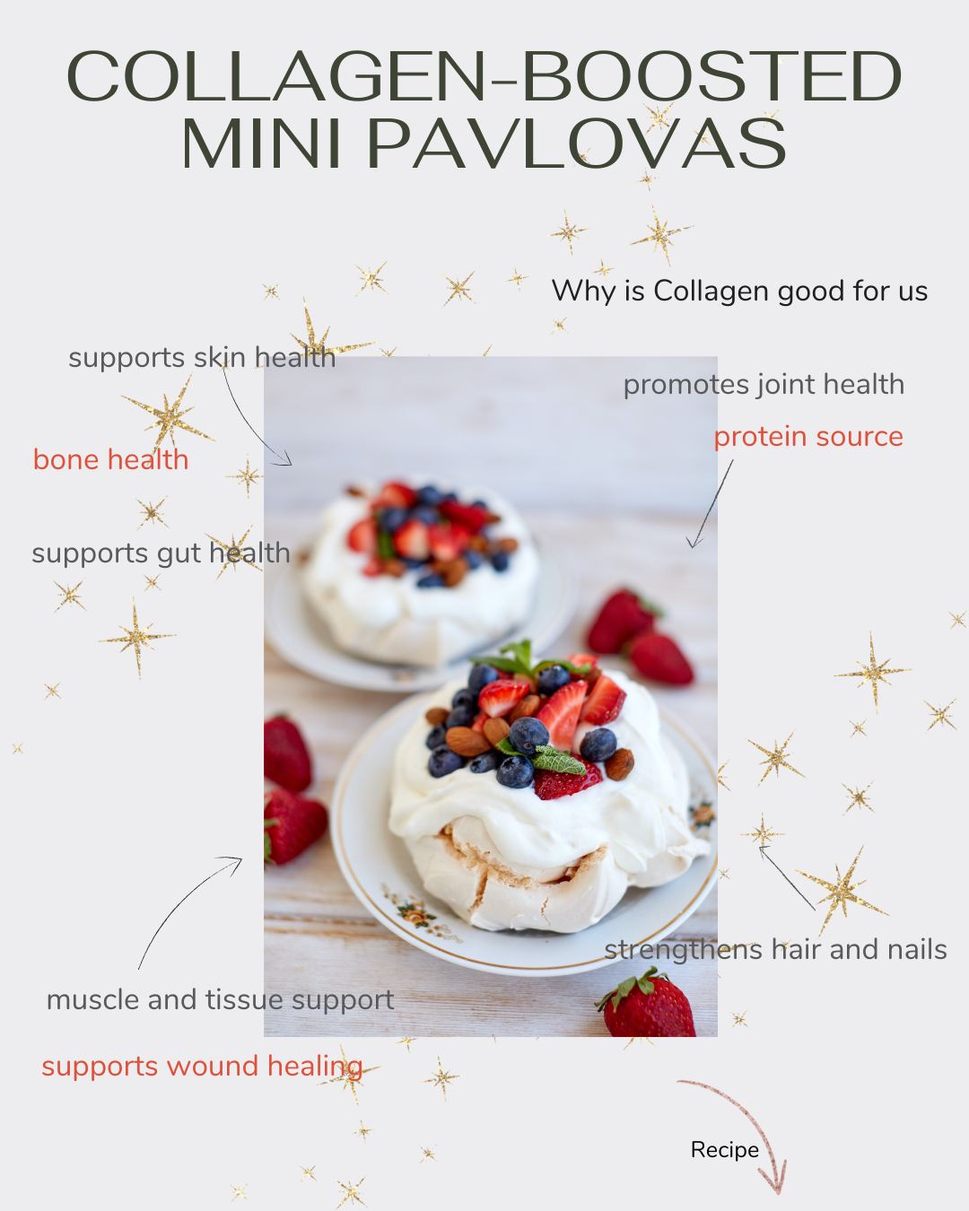 I came across this recipe on a practitioner’s website, and it’s too fun not to share! A light, festive treat that’s both delicious and wellness-friendly.
Collagen-Boosted Mini Pavlovas
These mini pavlovas use neutral-flavoured hydrolysed collagen for a gentle protein boost without compromising on taste.
Serves: 5–6
Total Time: 20 minutes
Ingredients
Cream:
* 300g thickened cream
* 2 Tbsp icing sugar
* Neutral-flavoured hydrolysed collagen (follow recommended serving per adult)
* Optional: 1–2 tsp vanilla extract
Base:
* Mini meringues (store-bought or homemade)
Toppings:
* Seasonal fruit (e.g., strawberries, blueberries, raspberries, kiwi)
* Optional: mint leaves or a light dusting of icing sugar
Method:
1. In a bowl, combine thickened cream and icing sugar. Add vanilla extract if desired. Use an electric mixer to whip until soft peaks form.
2. Gently fold in the neutral-flavoured hydrolysed collagen until fully incorporated.
3. Spoon the collagen cream over the mini meringues.
4. Top with seasonal fruit and any optional garnishes.
Tips:
* Check your collagen product’s label for the recommended daily intake and adjust the amount per serving.
* Perfect for entertaining or as a protein-enriched dessert to enjoy any time.
Note: This dessert is a fun way to incorporate collagen into a festive treat—not a primary method to boost intake. We naturally get collagen from foods like bone broth, chicken, fish, eggs, and dairy, as well as vitamin C-rich fruits and vegetables that support collagen production.
#MindfulEating #HealthyIndulgence #EatWellLiveWell #GuiltFreeTreats #HolidayBakes