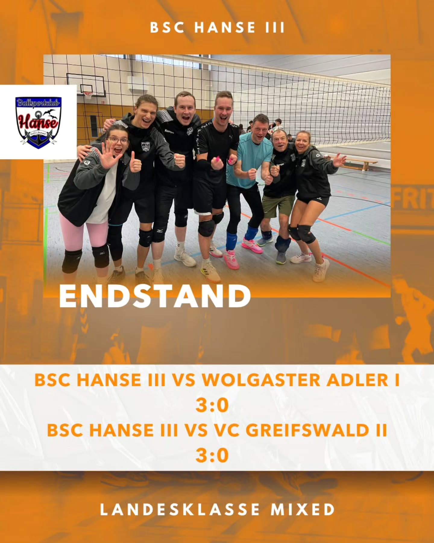 +++ Ergebnismeldung +++
Hanse III kann auf einen starken vierten Spieltag zurückblicken. Ohne stolpern wurden 6 Punkte eingefahren.
Die Siegesserie möchte man in der Rückrunde gerne fortsetzen.
#bschanse #mixedvolleyball #lkmixed