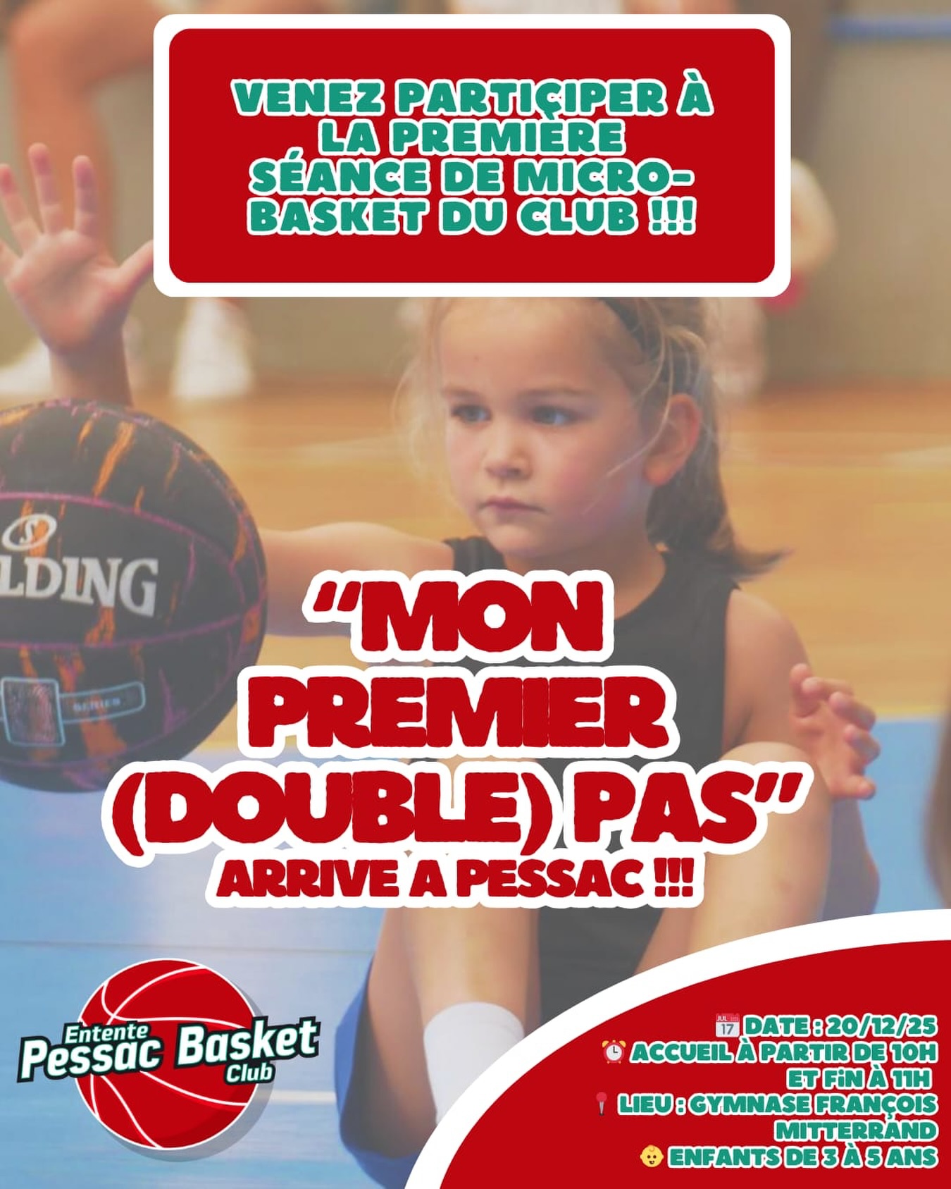🔥🔥 NOUVEAUTÉ AU CLUB ! 🔥🔥
🏀 Découvrez « Mon premier (double) pas » 🏀
La toute première séance de MICRO-BASKET arrive… et on est BEAUCOUP trop impatients d’accueillir vos micro-basketteurs ! 👶🏀
Vous avez un enfant plein d’énergie à la maison ?
Laissez-nous lui faire vivre ses premiers dribbles, ses premiers paniers, et une explosion de bonne humeur ! ❤️🤍💚
📅 Date : 20/12/25 accueil à 10h et fin à 11h
📍 Gymnase François Mitterrand
👶 Pour les enfants de 3 à 5 ans (2021/2022)
Au programme :
🎈 Jeux ludiques
🦵Motricité - coordination
🏀Découverte du ballon
🤡 Fous rires assurés !
Aucun niveau demandé, juste l’envie de s’amuser comme jamais ! 😄
Emmenez vos enfants, notre équipe d’éducateurs spécialistes micro-basket et notre professionnelle de la petite enfance s’occupent de tout! ❤️🤍💚
➡️ Infos & inscriptions au 07 83 02 07 20
On a TELLEMENT hâte de voir leurs premiers (double) pas ! 😍
