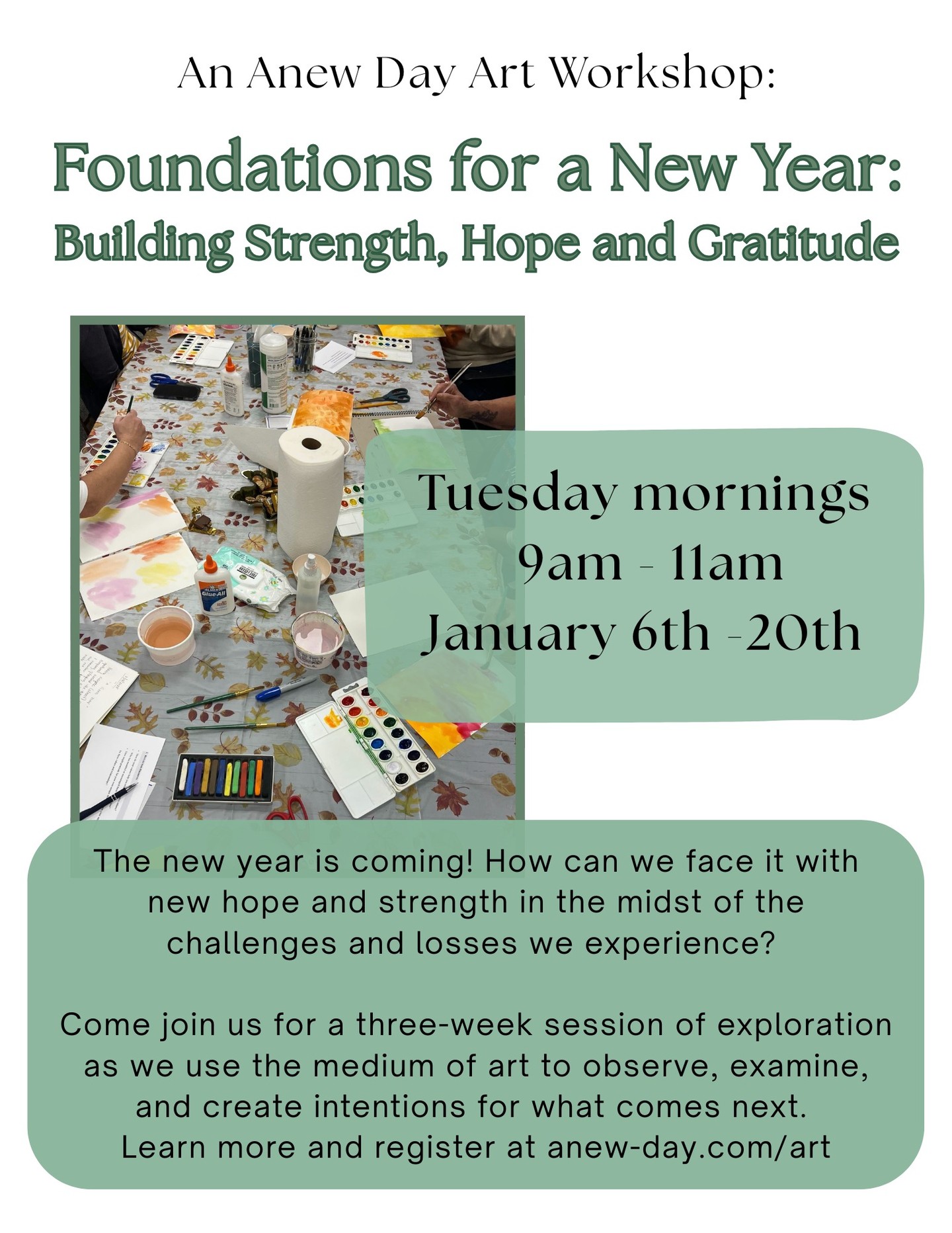 We have a new 3 week art class starting in the New Year! Get more information and register at anew-day.com/art or call the office at 530-470-9111