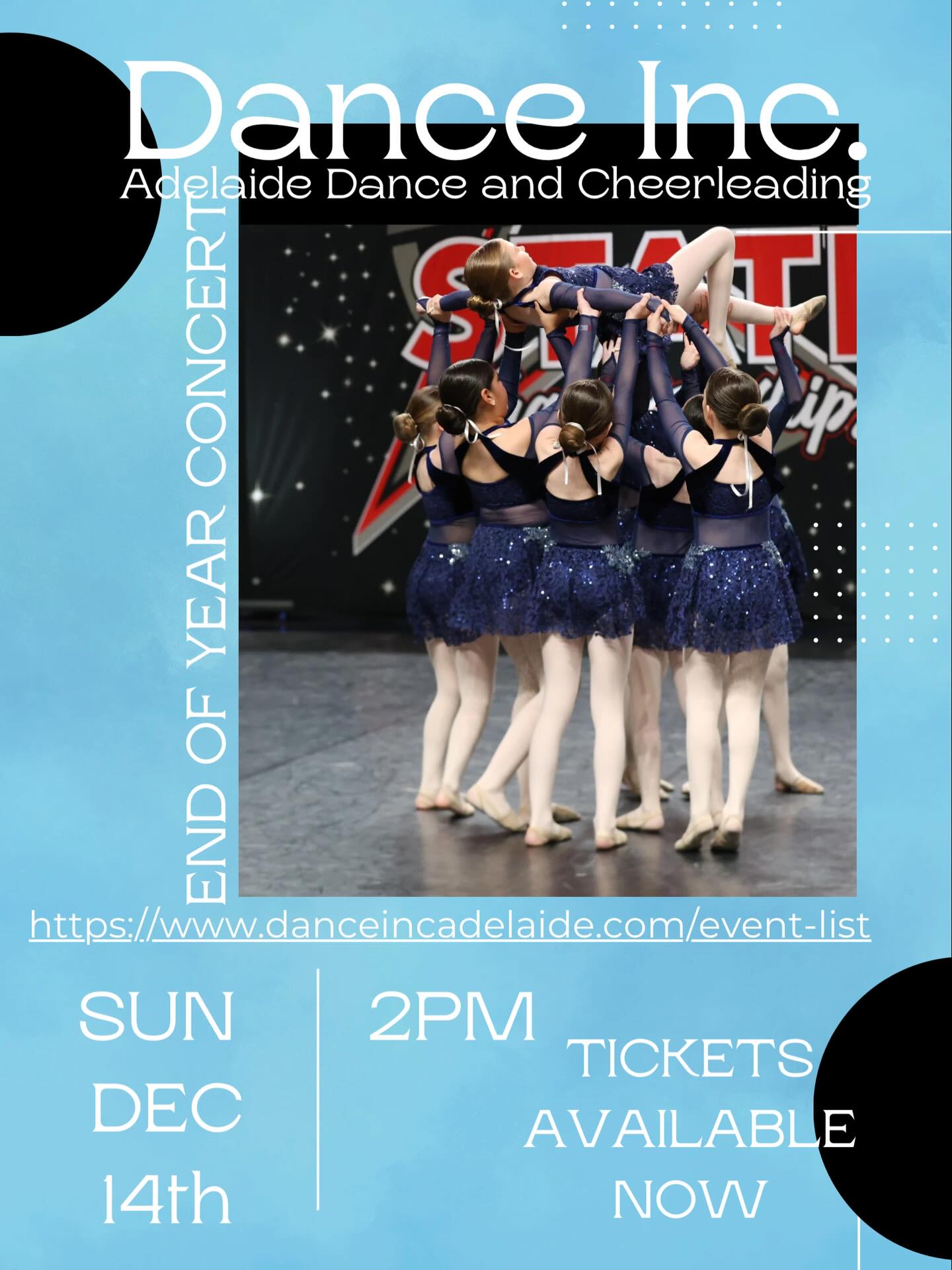 END OF YEAR CONCERT IS ALMOST HERE 💎
🎉 Tickets are now on sale using the link below 🎉
https://www.danceincadelaide.com/event-list
Doors open 1:30pm
Show starts at 2pm
Approx finish 4pm