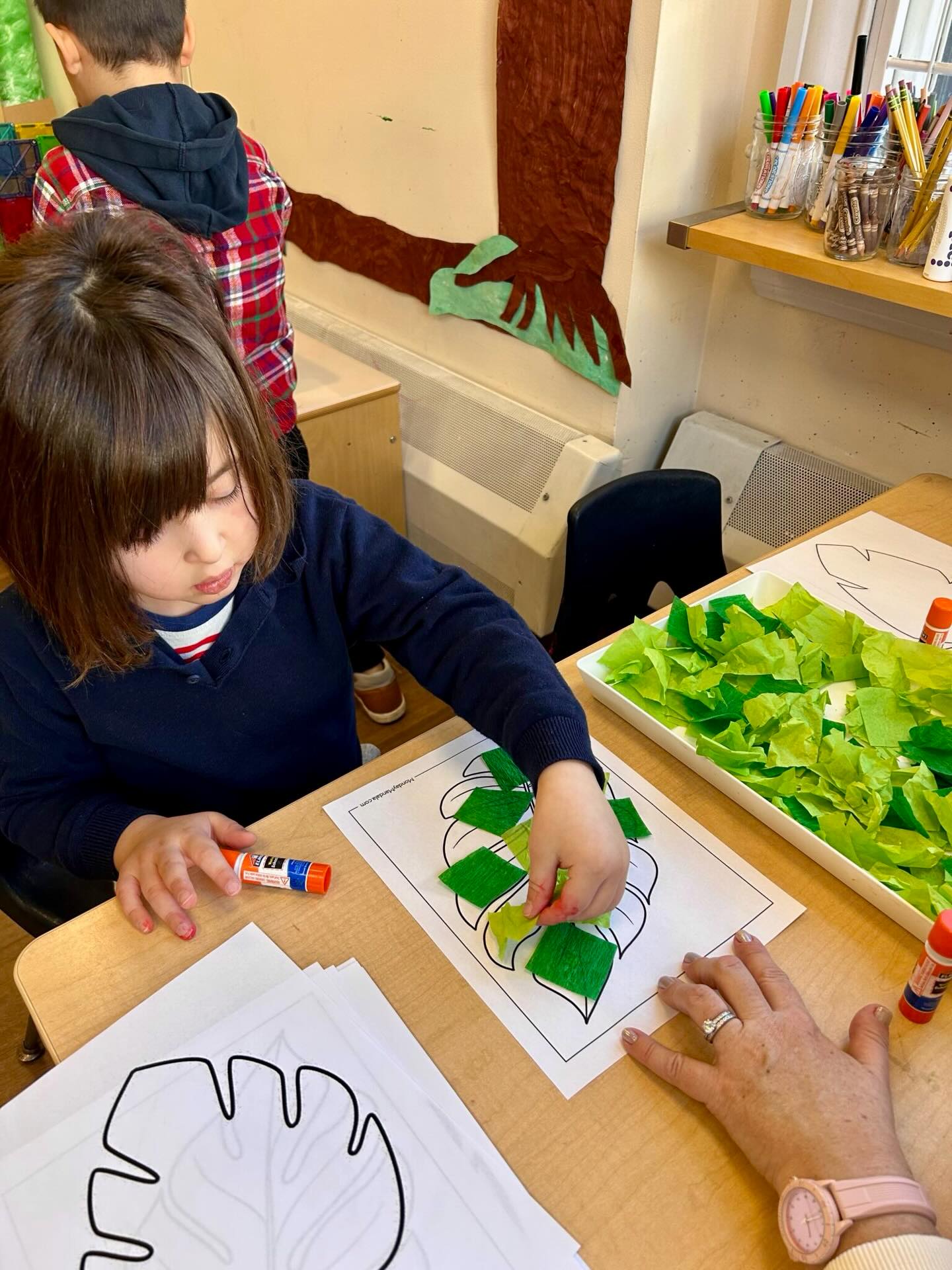 Our Coral Room friends are venturing into an investigation of the rainforest!🌿 As they learn about each layer of the rainforest, they have been working collaboratively to create their own rainforest mural for their classroom! We can’t wait to see how this work in progress evolves!